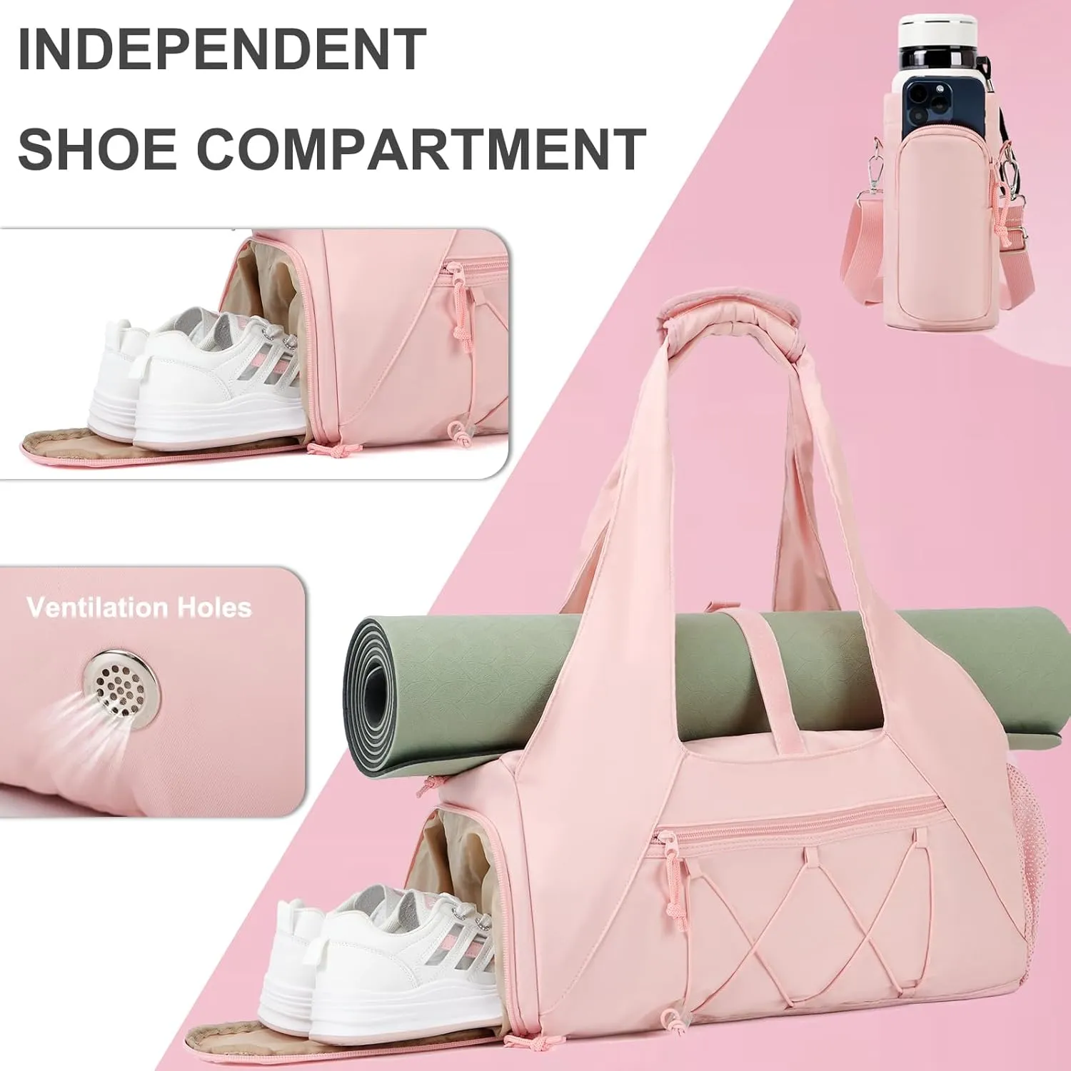 Gym Bag for Women, Yoga Mat Bag with Shoe Compartment and Wet Pocket, Sport Yoga Gym Bag with Yoga Strap, Carryall Yoga Tote Bag
