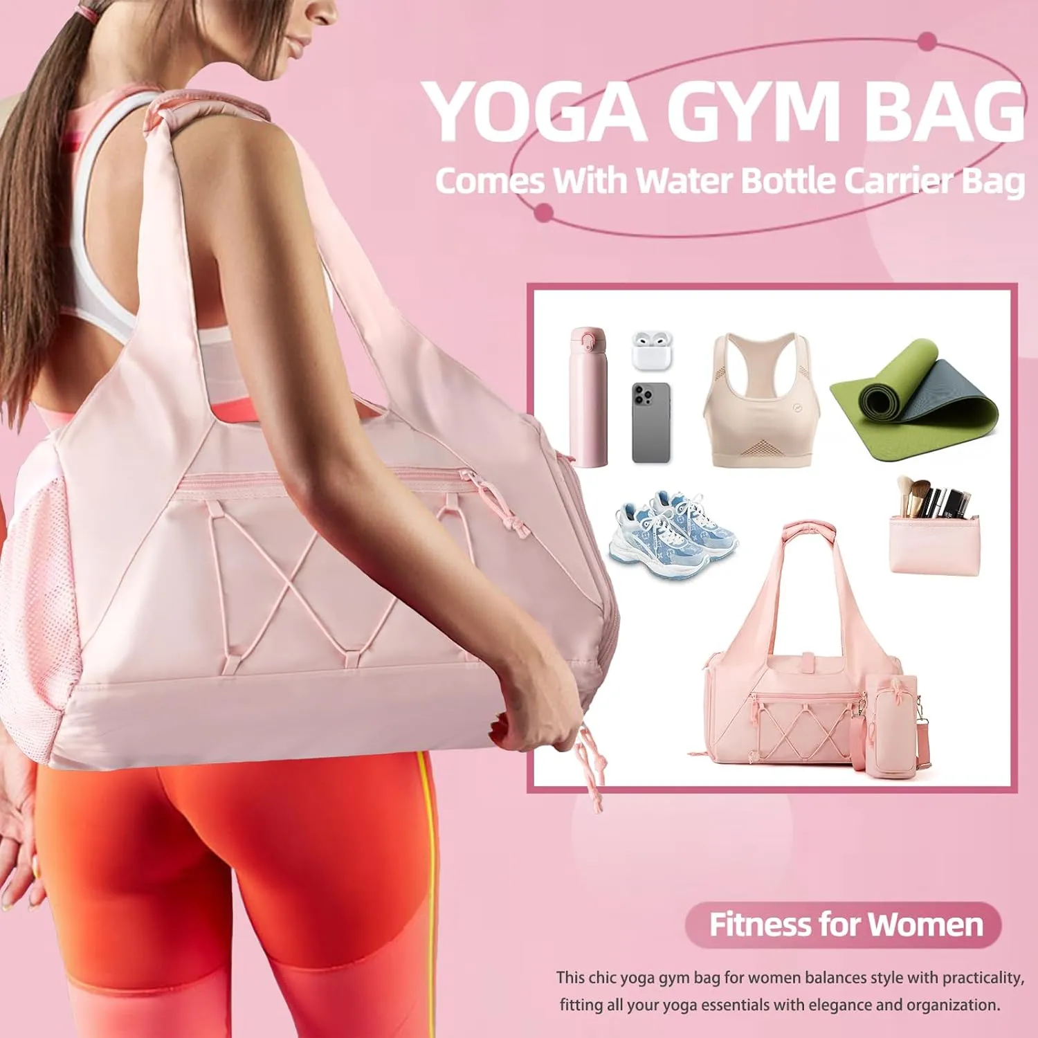 Gym Bag for Women, Yoga Mat Bag with Shoe Compartment and Wet Pocket, Sport Yoga Gym Bag with Yoga Strap, Carryall Yoga Tote Bag