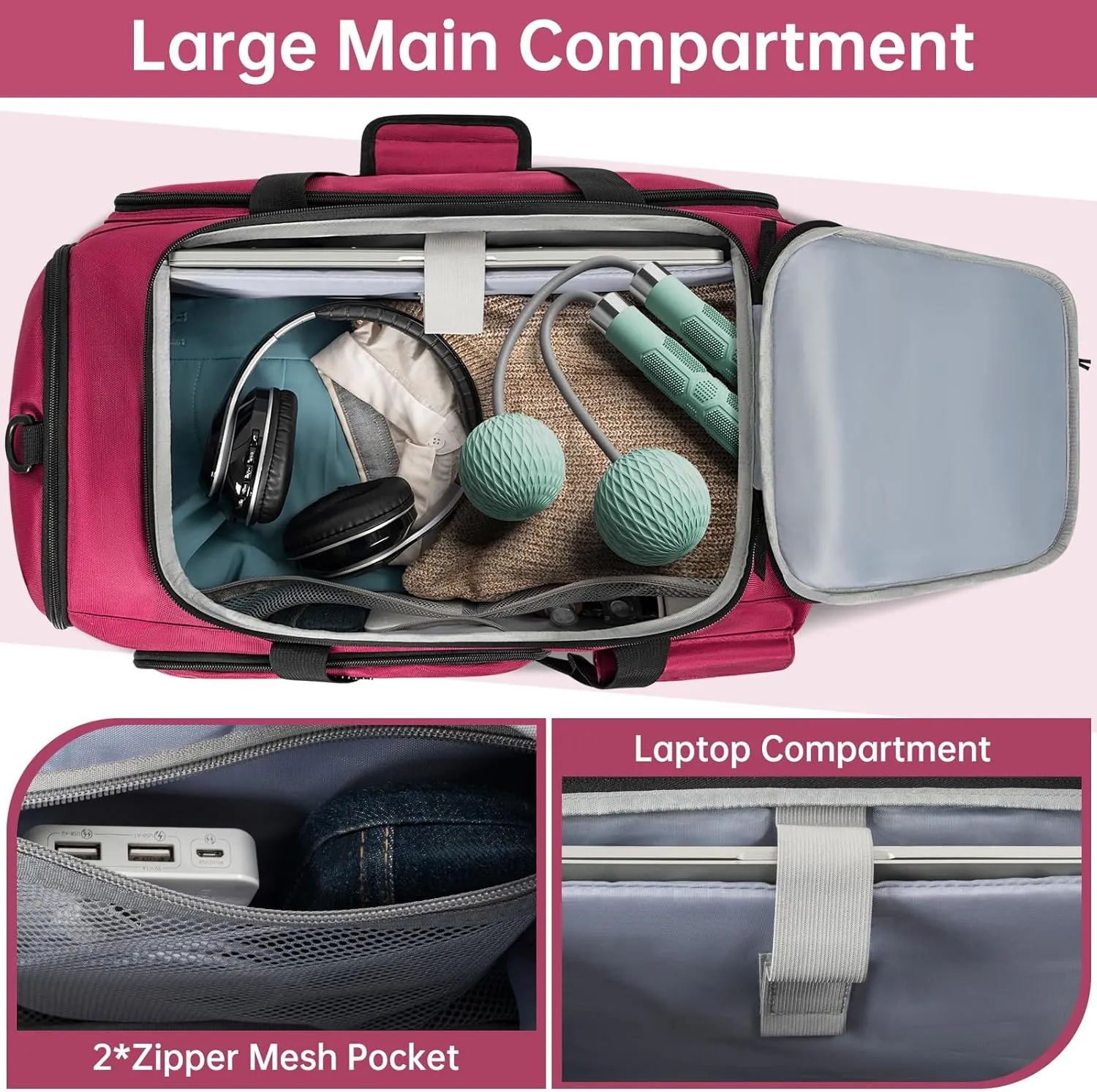 Gym Bag with Shoe Laptop Compartment for Men Women 35L Water-resistant Sports Gym Duffle Backpack Travel Duffle Bag with Wet Pocket Weekender Overnight Carry On Backpack (Dark Pink)