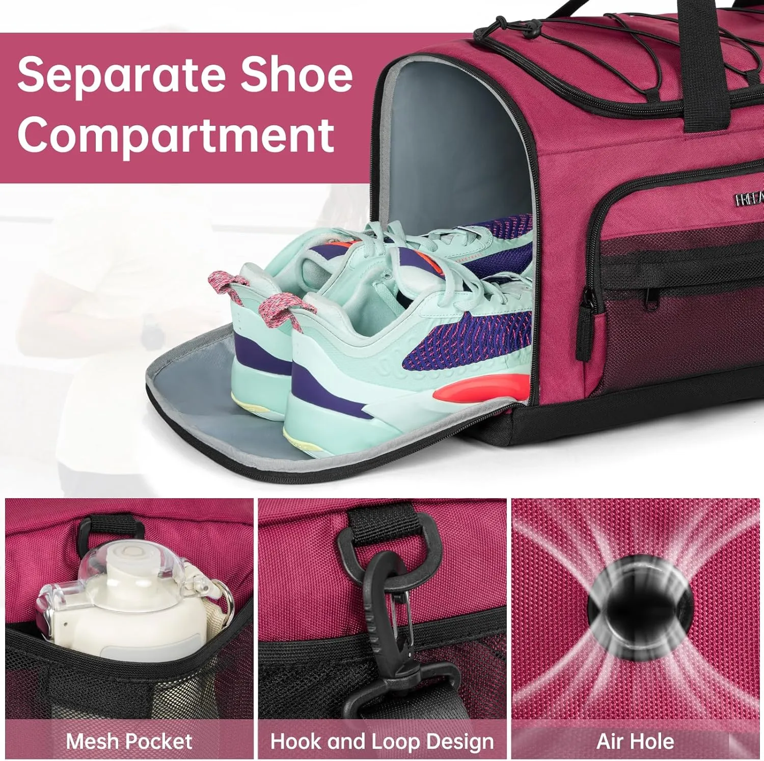 Gym Bag with Shoe Laptop Compartment for Men Women 35L Water-resistant Sports Gym Duffle Backpack Travel Duffle Bag with Wet Pocket Weekender Overnight Carry On Backpack (Dark Pink)