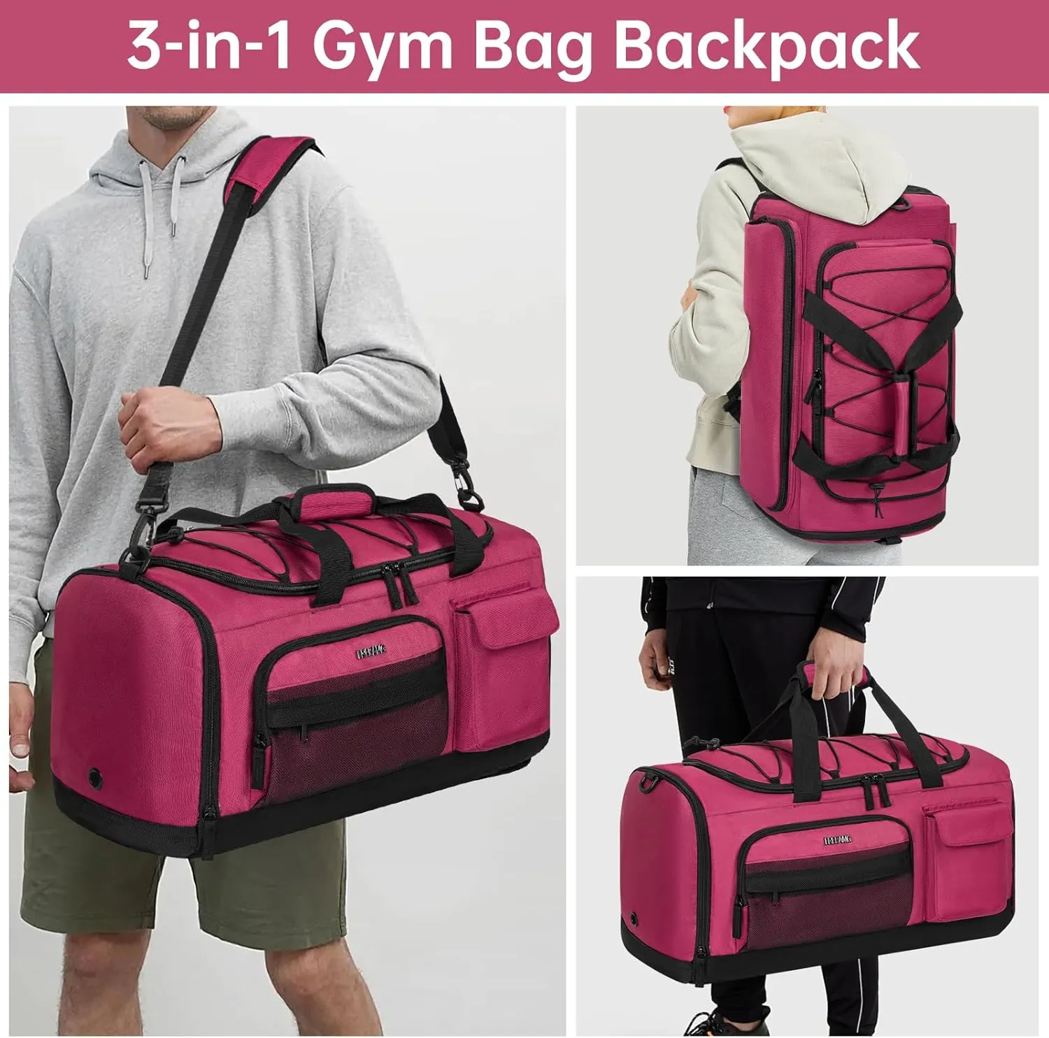 Gym Bag with Shoe Laptop Compartment for Men Women 35L Water-resistant Sports Gym Duffle Backpack Travel Duffle Bag with Wet Pocket Weekender Overnight Carry On Backpack (Dark Pink)