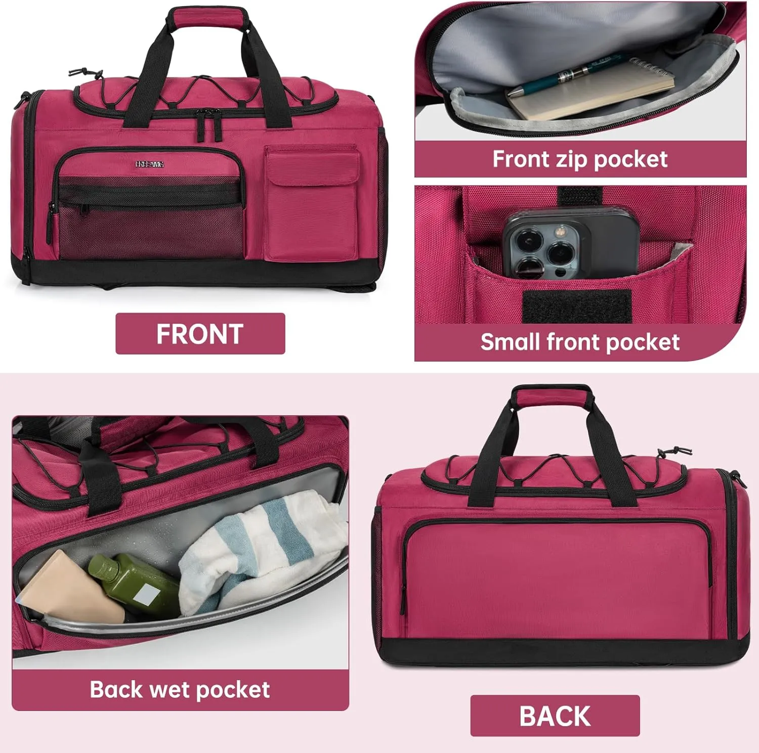 Gym Bag with Shoe Laptop Compartment for Men Women 35L Water-resistant Sports Gym Duffle Backpack Travel Duffle Bag with Wet Pocket Weekender Overnight Carry On Backpack (Dark Pink)