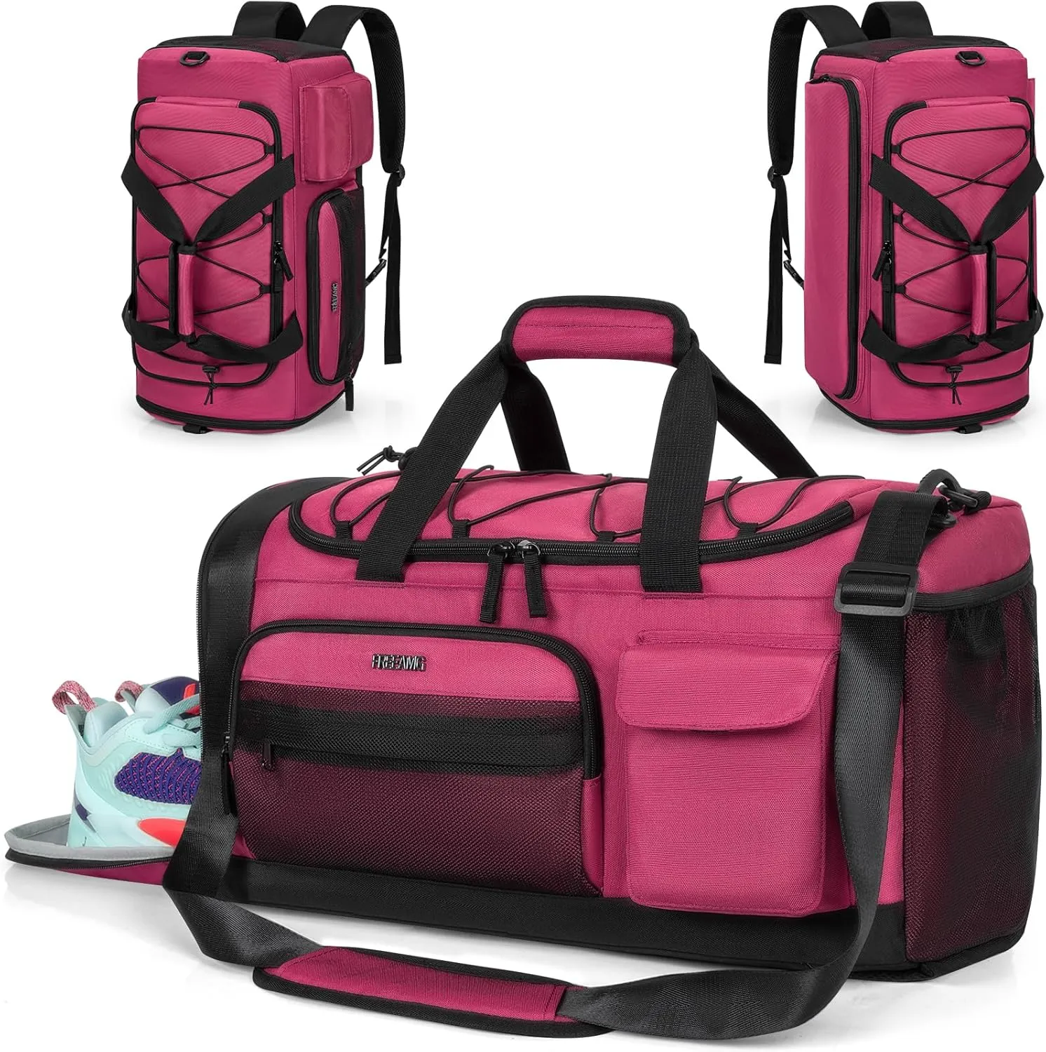 Gym Bag with Shoe Laptop Compartment for Men Women 35L Water-resistant Sports Gym Duffle Backpack Travel Duffle Bag with Wet Pocket Weekender Overnight Carry On Backpack (Dark Pink)