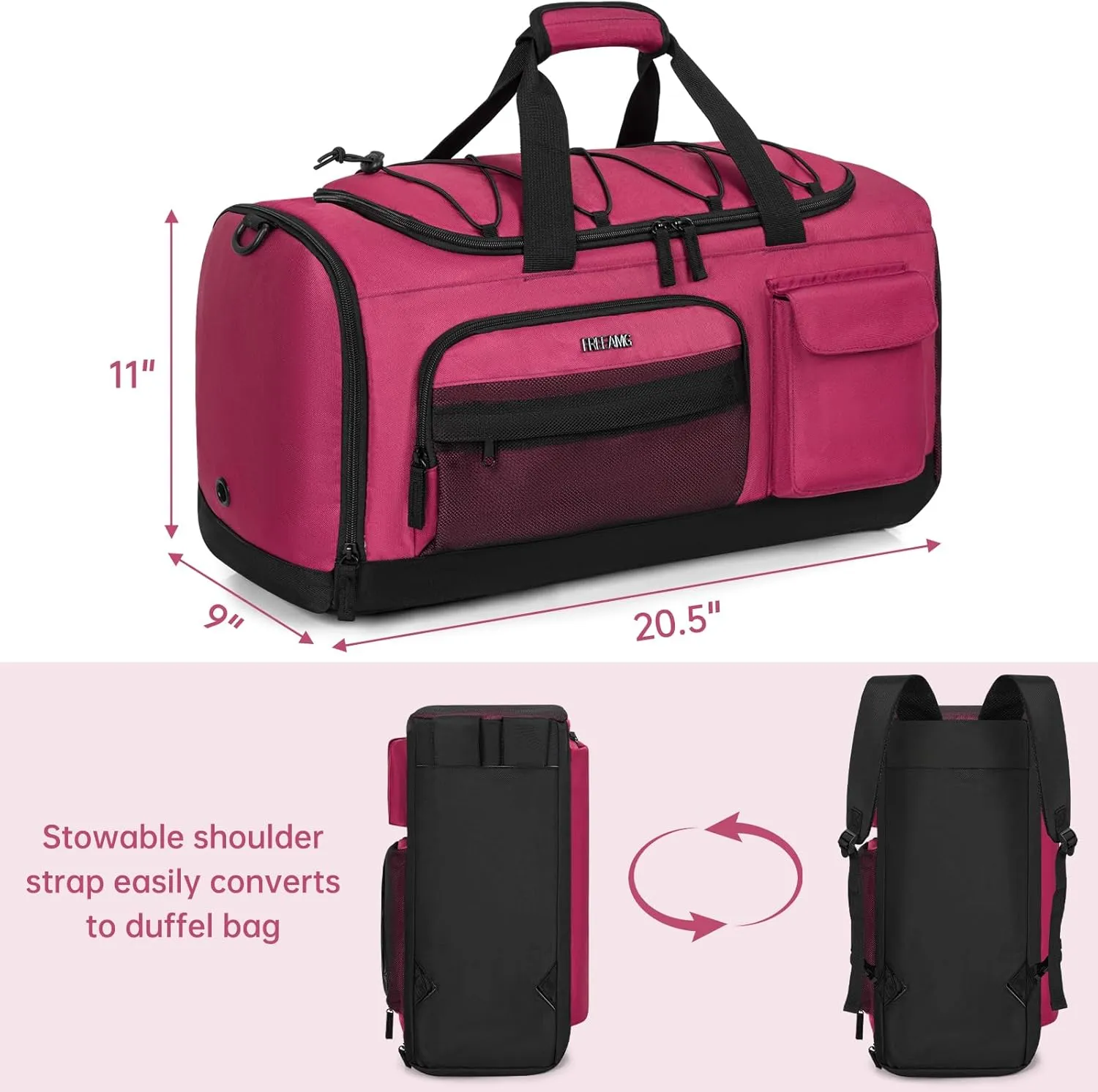 Gym Bag with Shoe Laptop Compartment for Men Women 35L Water-resistant Sports Gym Duffle Backpack Travel Duffle Bag with Wet Pocket Weekender Overnight Carry On Backpack (Dark Pink)