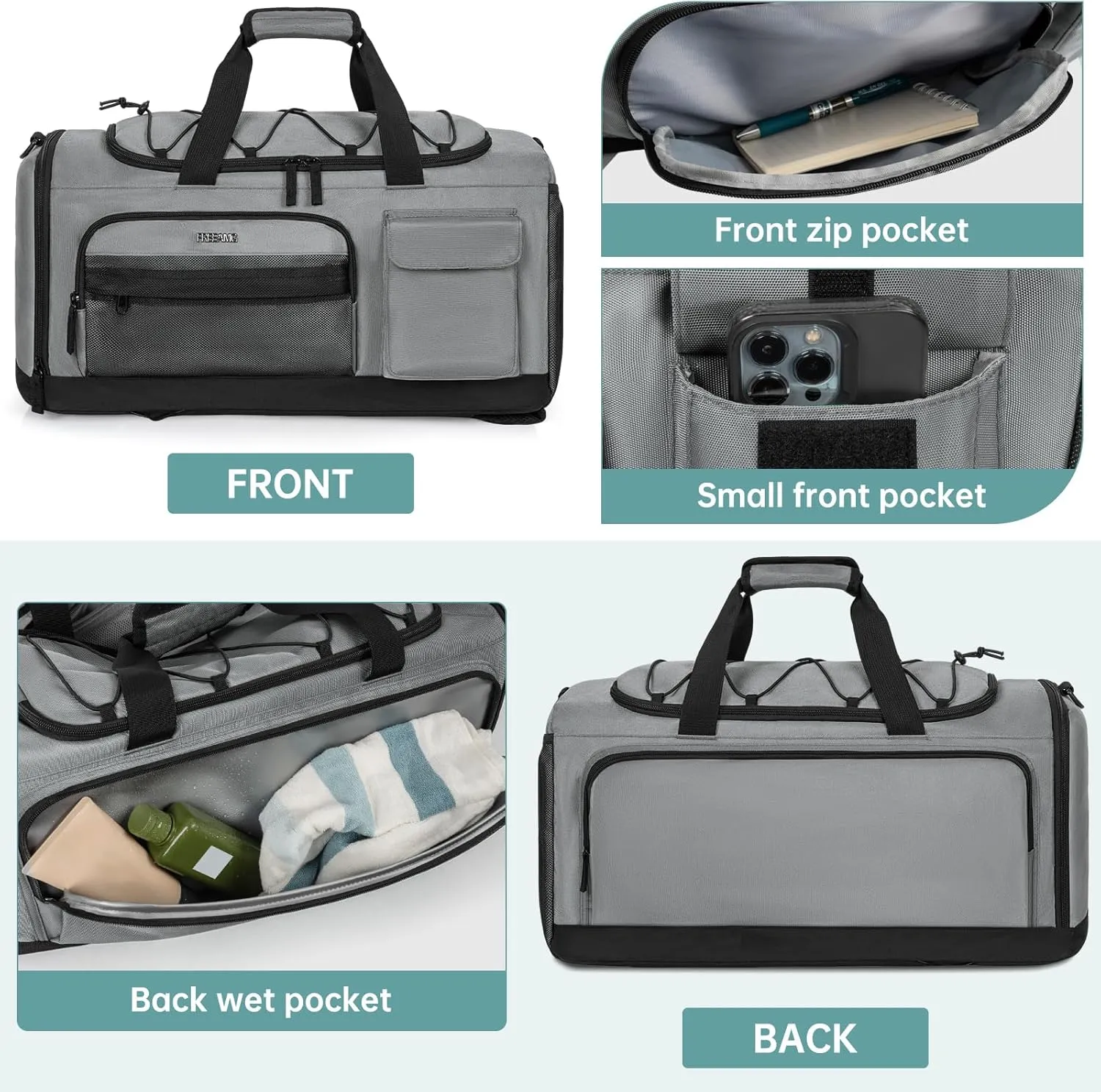 Gym Bag with Shoe Laptop Compartment for Men Women 35L Water-resistant Sports Gym Duffle Backpack Travel Duffle Bag with Wet Pocket Weekender Overnight Carry On Backpack (Grey)