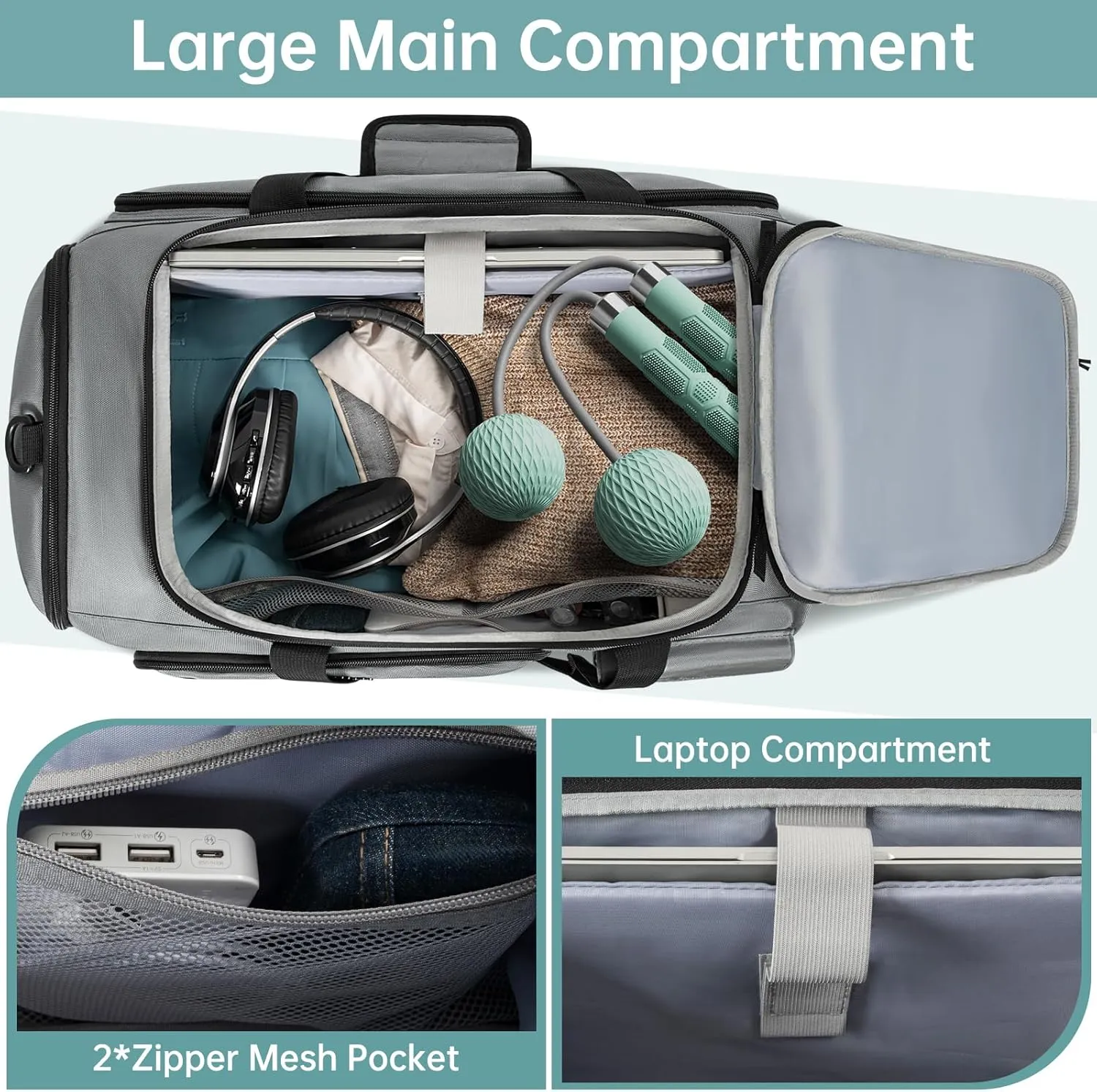 Gym Bag with Shoe Laptop Compartment for Men Women 35L Water-resistant Sports Gym Duffle Backpack Travel Duffle Bag with Wet Pocket Weekender Overnight Carry On Backpack (Grey)