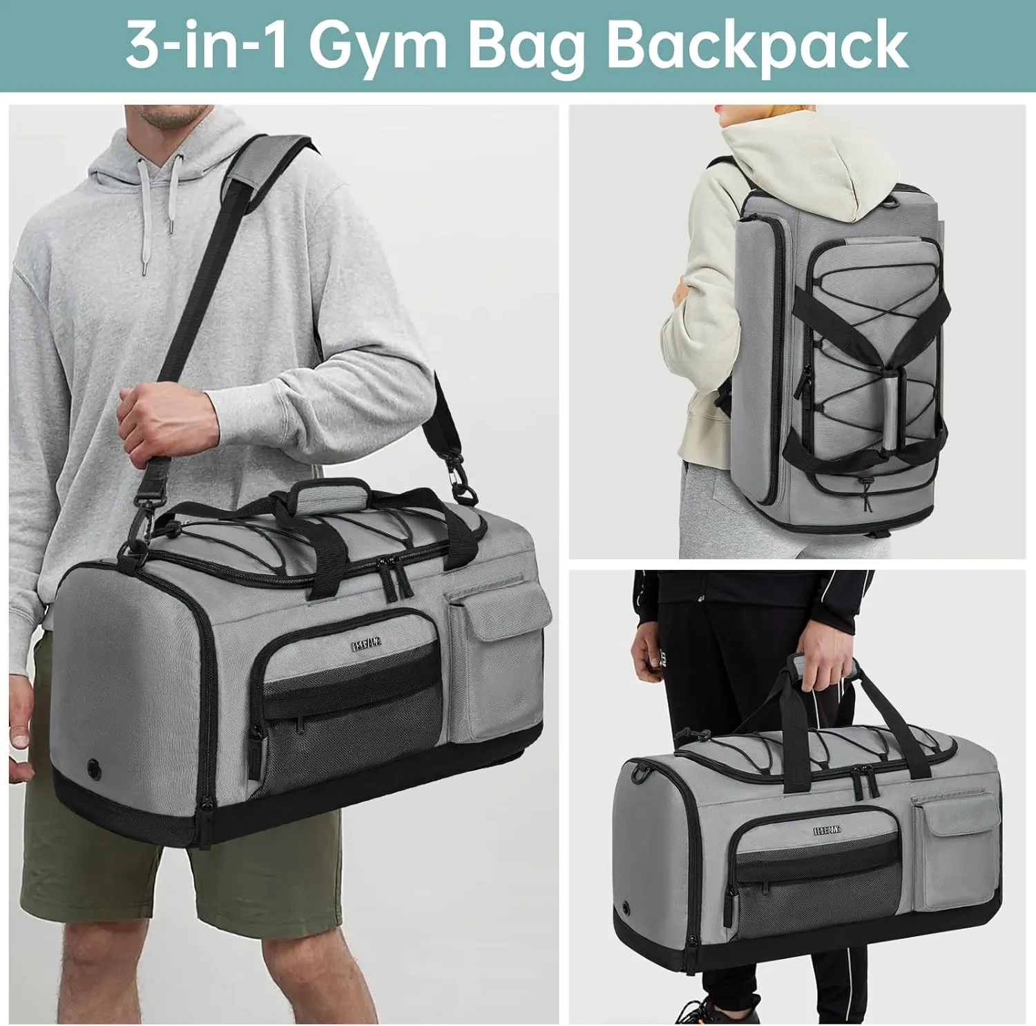 Gym Bag with Shoe Laptop Compartment for Men Women 35L Water-resistant Sports Gym Duffle Backpack Travel Duffle Bag with Wet Pocket Weekender Overnight Carry On Backpack (Grey)