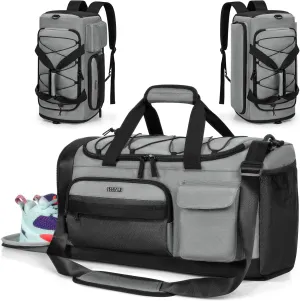 Gym Bag with Shoe Laptop Compartment for Men Women 35L Water-resistant Sports Gym Duffle Backpack Travel Duffle Bag with Wet Pocket Weekender Overnight Carry On Backpack (Grey)