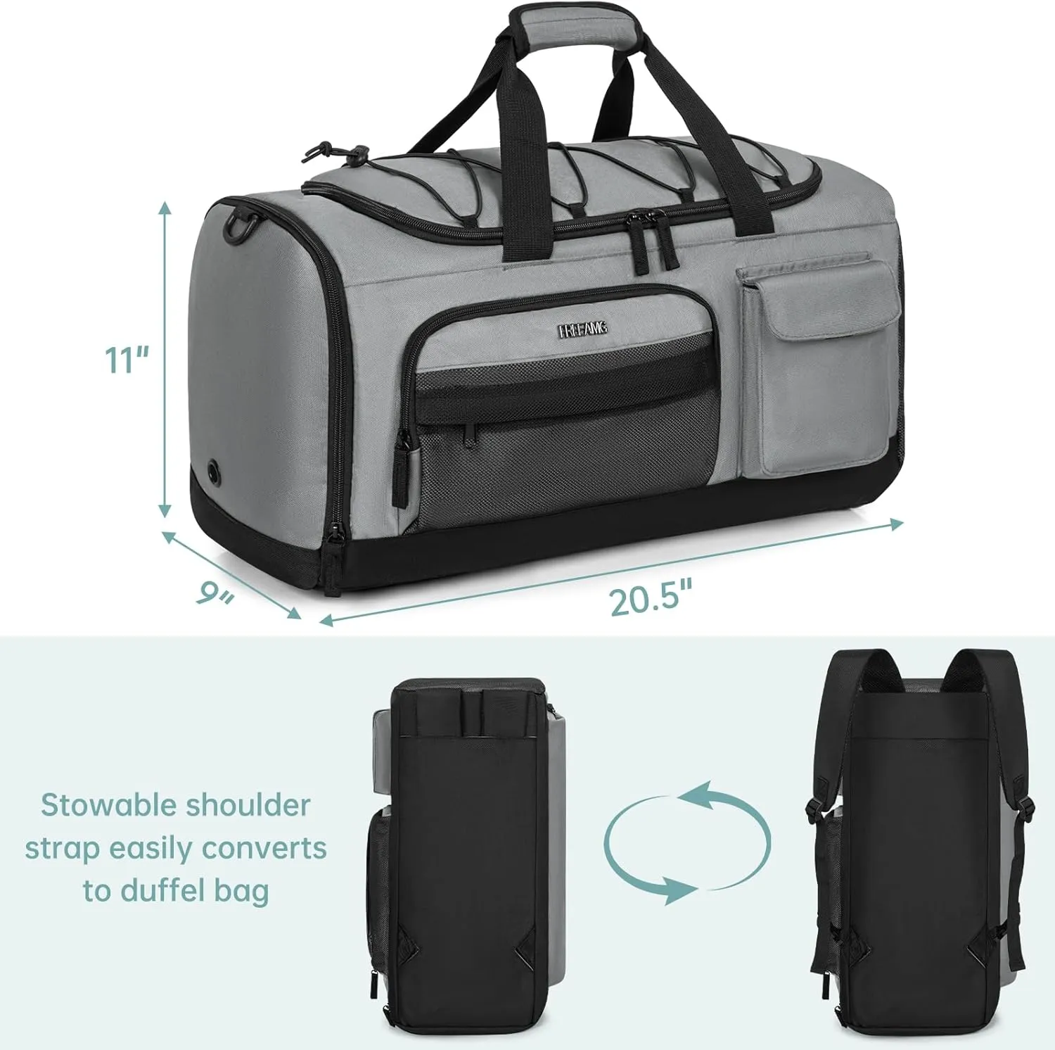 Gym Bag with Shoe Laptop Compartment for Men Women 35L Water-resistant Sports Gym Duffle Backpack Travel Duffle Bag with Wet Pocket Weekender Overnight Carry On Backpack (Grey)