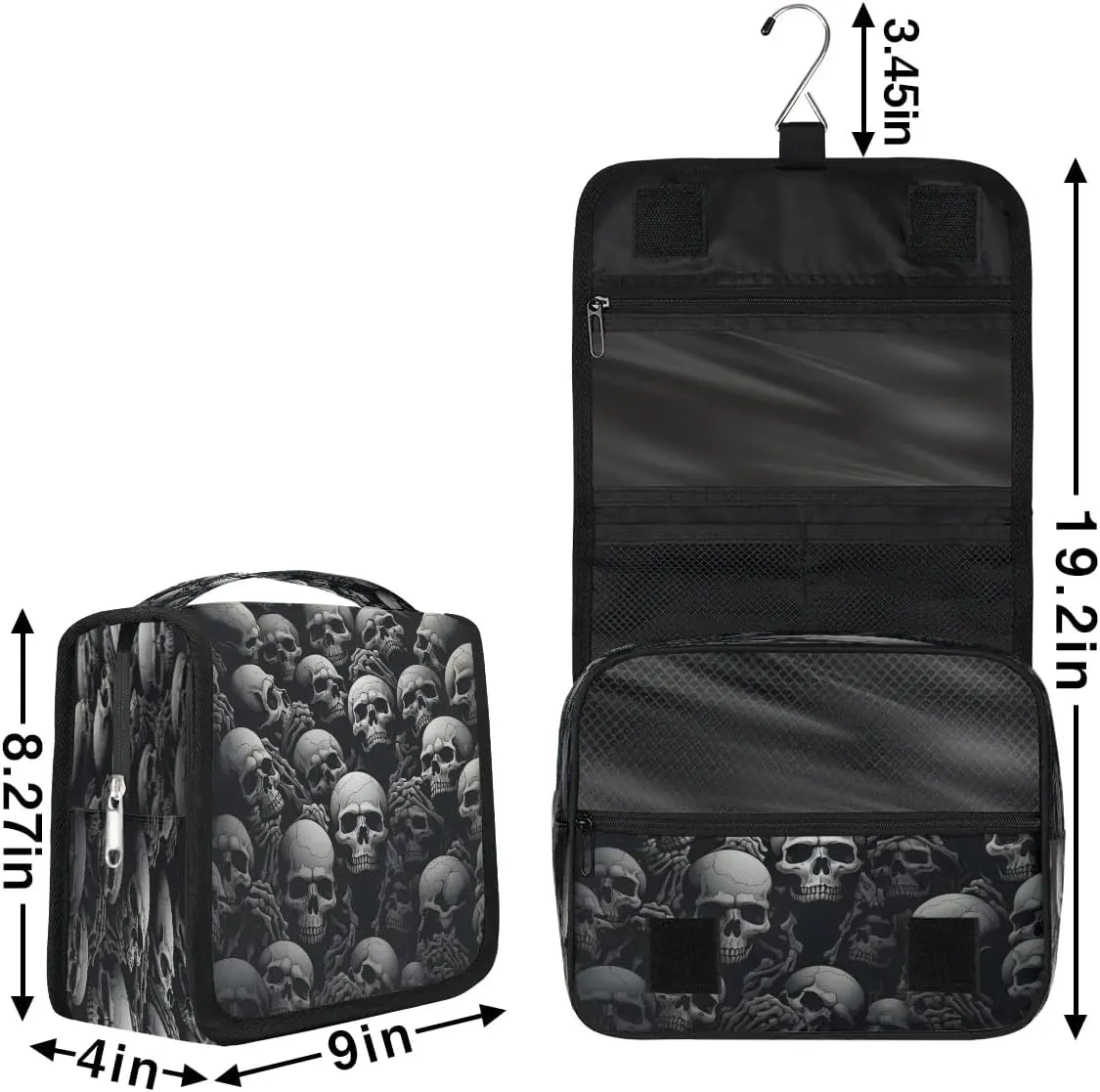 Halloween Skull Print Travel Toiletry Bag with Hanging Hook Waterproof Cosmetic Bag Makeup Organizer Travel Containers for Toiletries