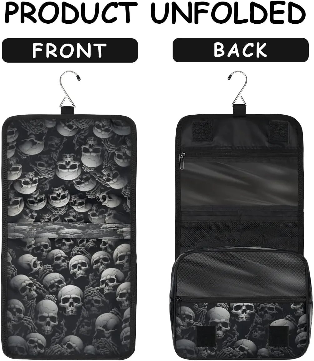 Halloween Skull Print Travel Toiletry Bag with Hanging Hook Waterproof Cosmetic Bag Makeup Organizer Travel Containers for Toiletries