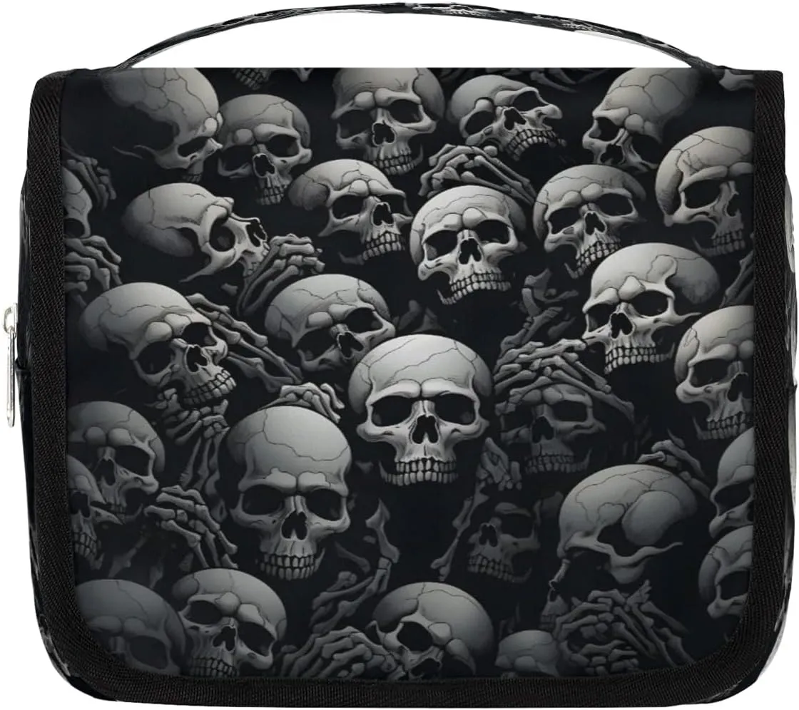 Halloween Skull Print Travel Toiletry Bag with Hanging Hook Waterproof Cosmetic Bag Makeup Organizer Travel Containers for Toiletries