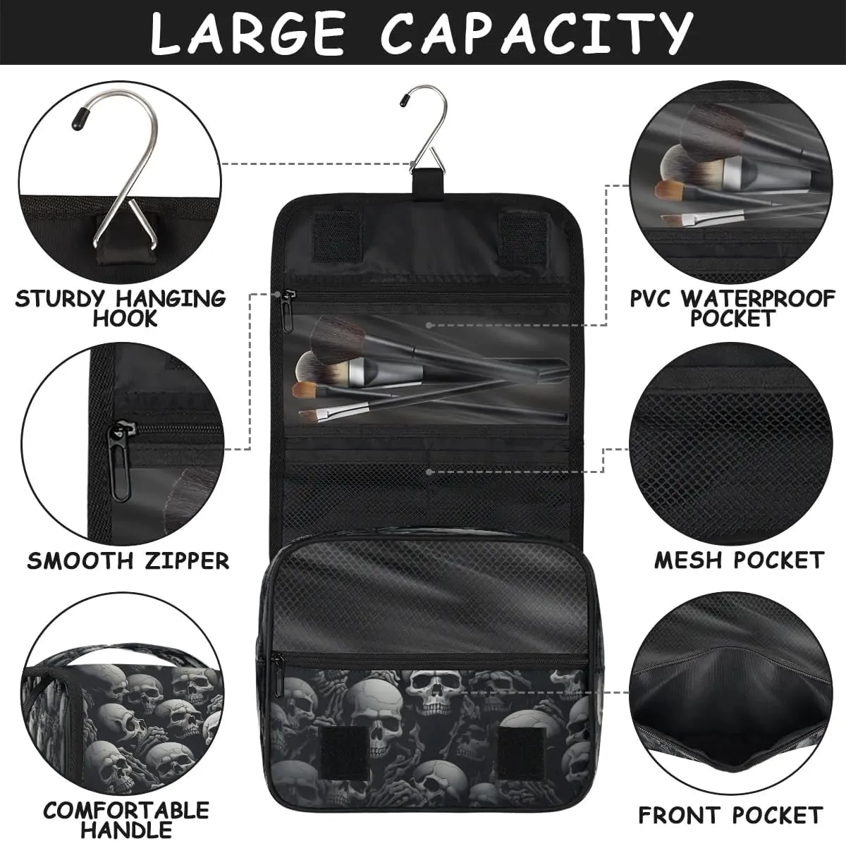 Halloween Skull Print Travel Toiletry Bag with Hanging Hook Waterproof Cosmetic Bag Makeup Organizer Travel Containers for Toiletries
