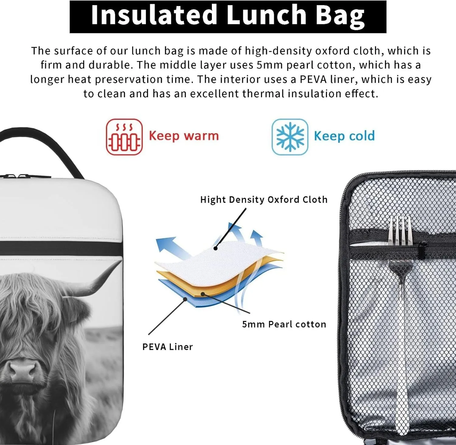 Highland Cow Lunch Bag for Boys Girls Kids, Insulated Portable Reusable Lunch Box Tote Kit Waterproof Cooler Bag for School Picnic Office Travel Working
