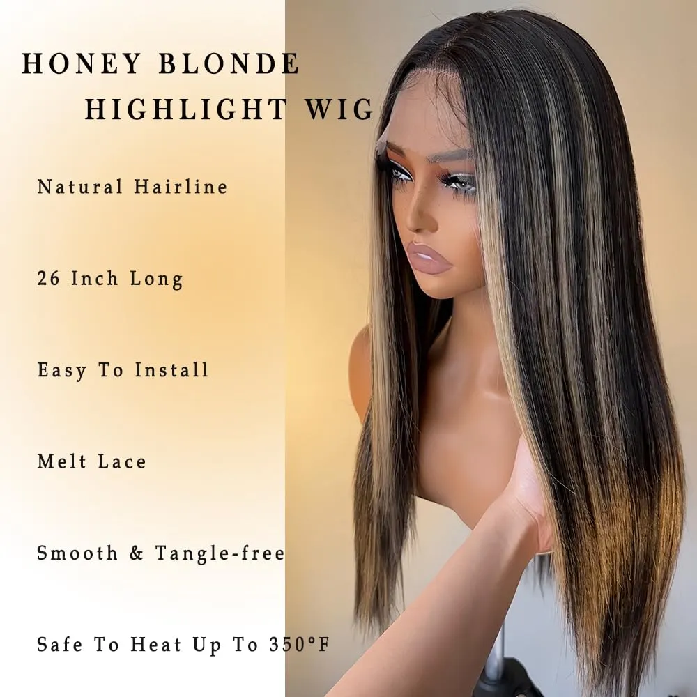 Honey Blonde Highlight Lace Front Wigs 13x4x1 HD Lace Long Straight Glueless Wigs Pre Plucked Highlight Wigs Yaki Straight Synthetic Lace Front Wig 26 Inch