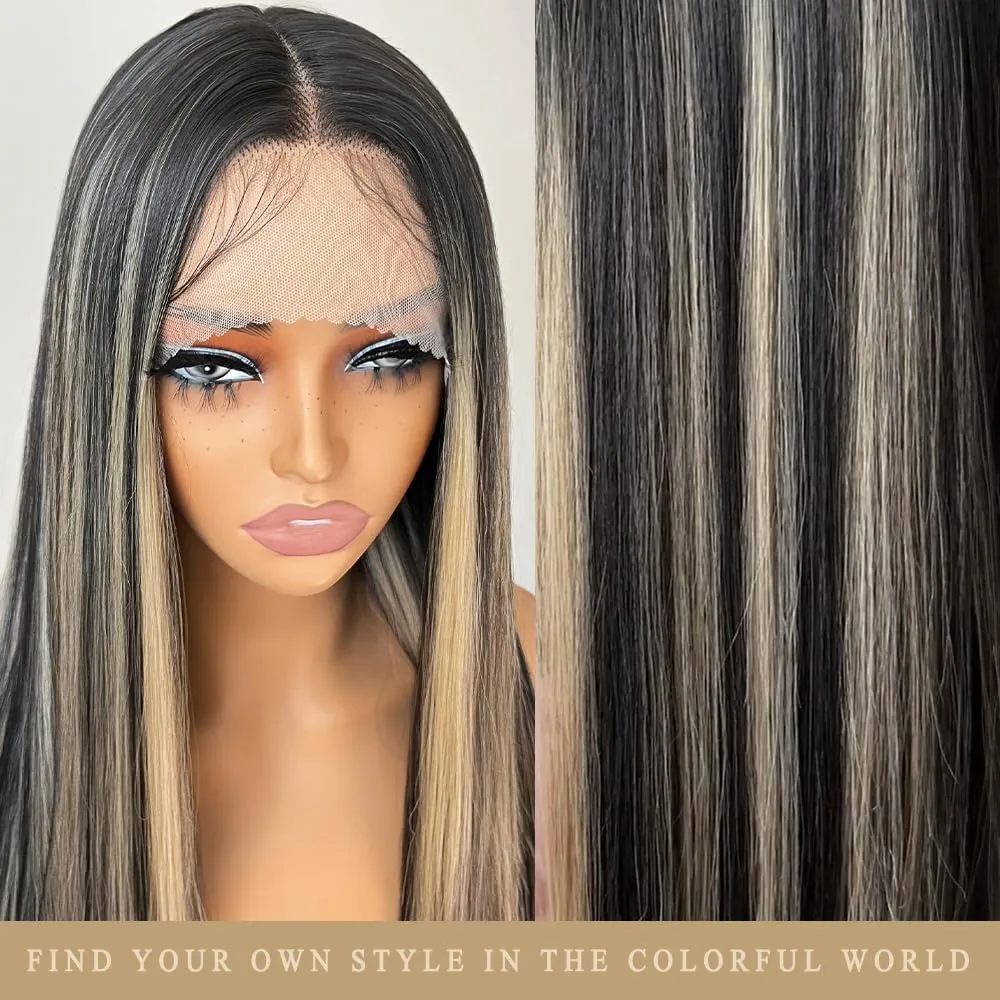 Honey Blonde Highlight Lace Front Wigs 13x4x1 HD Lace Long Straight Glueless Wigs Pre Plucked Highlight Wigs Yaki Straight Synthetic Lace Front Wig 26 Inch
