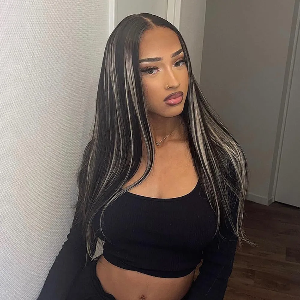 Honey Blonde Highlight Lace Front Wigs 13x4x1 HD Lace Long Straight Glueless Wigs Pre Plucked Highlight Wigs Yaki Straight Synthetic Lace Front Wig 26 Inch