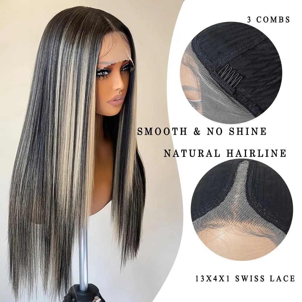 Honey Blonde Highlight Lace Front Wigs 13x4x1 HD Lace Long Straight Glueless Wigs Pre Plucked Highlight Wigs Yaki Straight Synthetic Lace Front Wig 26 Inch