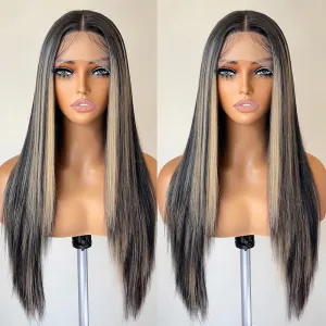 Honey Blonde Highlight Lace Front Wigs 13x4x1 HD Lace Long Straight Glueless Wigs Pre Plucked Highlight Wigs Yaki Straight Synthetic Lace Front Wig 26 Inch