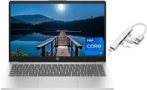 HP 14 inch FHD Display Slim Laptop | Intel Core i7-1355U Processor | Intel Iris Xe Graphics |Webcam | Silver | 32GB RAM | 1024GB SSD | Windows 11 Home | Bundle with USB 3.0 Hub