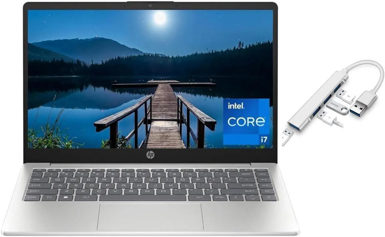 HP 14 inch FHD Display Slim Laptop | Intel Core i7-1355U Processor | Intel Iris Xe Graphics |Webcam | Silver | 32GB RAM | 1024GB SSD | Windows 11 Home | Bundle with USB 3.0 Hub
