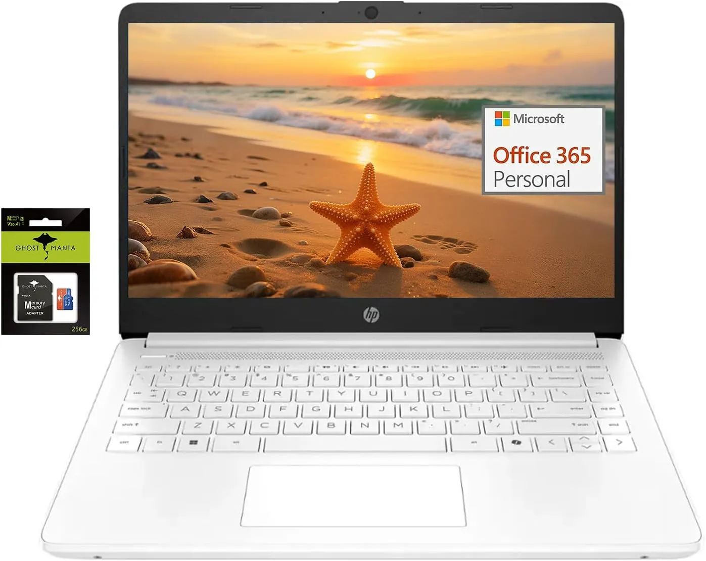 HP 14" Ultralight Student-Laptop, Laptops with 1Yr Office 365, Intel 4-Cores N4120 16GB RAM 320GB Storage (64GB eMMC 256GB Ghost Manta SD Card) Win11 White