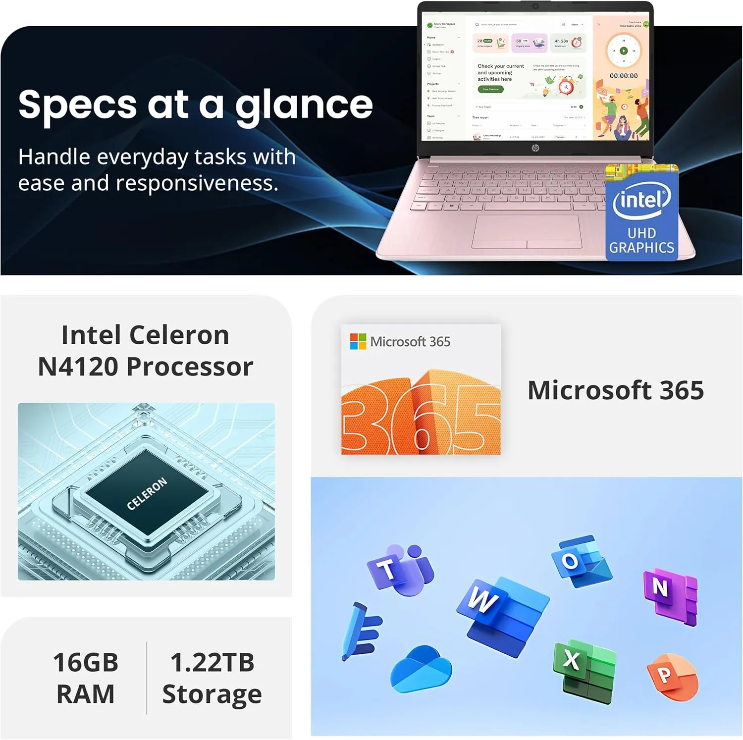 HP Flagship 14" Laptop with 1 Year Office 365 | 16GB RAM | 1.22TB Storage(64GB eMMC & 160GB Docking Station & 1TB Cloud Storage) | Intel 4-Core Processor| Webcam | Wi-Fi | Windows 11 | Pink