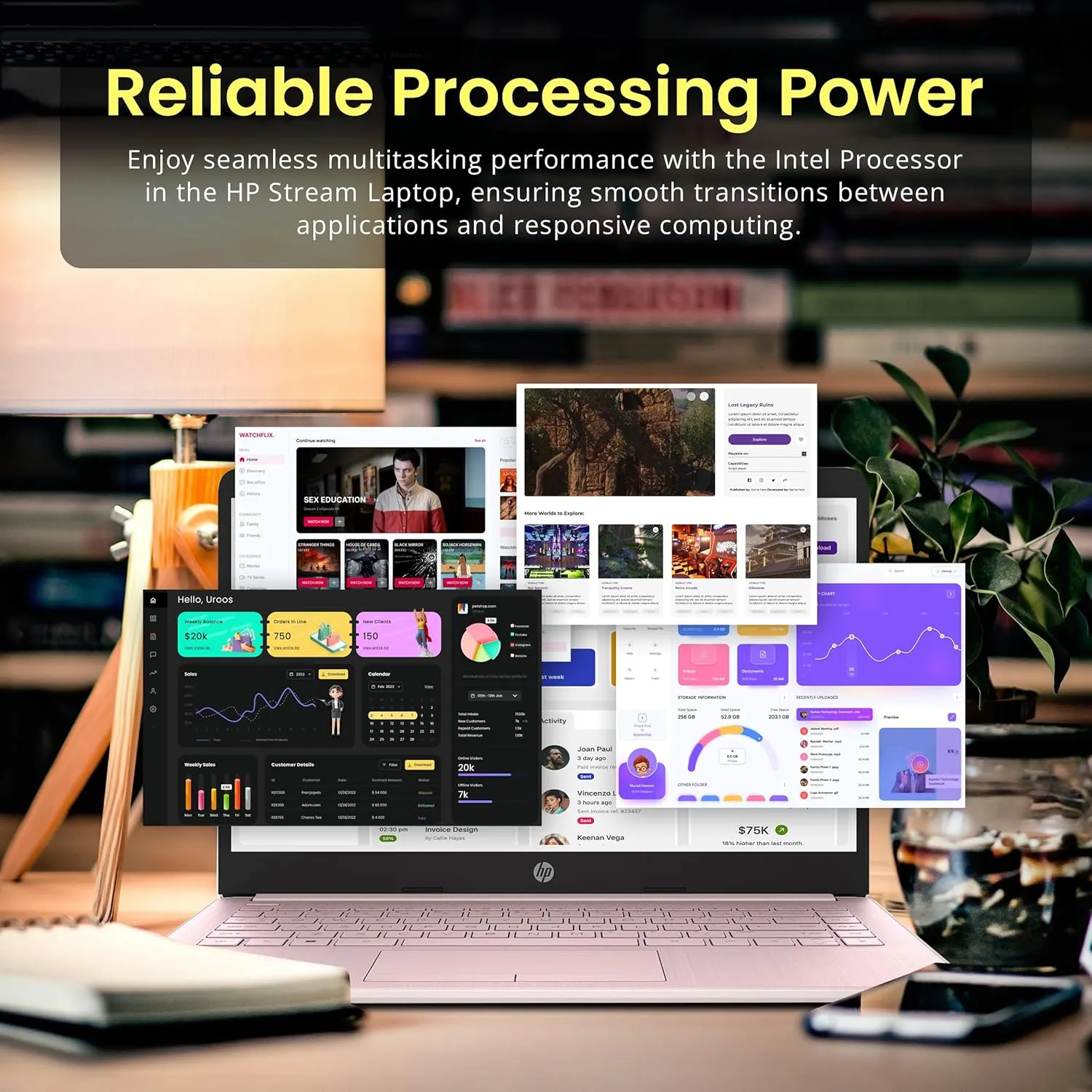 HP Flagship 14" Laptop with 1 Year Office 365 | 16GB RAM | 1.22TB Storage(64GB eMMC & 160GB Docking Station & 1TB Cloud Storage) | Intel 4-Core Processor| Webcam | Wi-Fi | Windows 11 | Pink