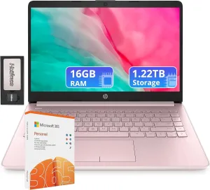 HP Flagship 14" Laptop with 1 Year Office 365 | 16GB RAM | 1.22TB Storage(64GB eMMC & 160GB Docking Station & 1TB Cloud Storage) | Intel 4-Core Processor| Webcam | Wi-Fi | Windows 11 | Pink