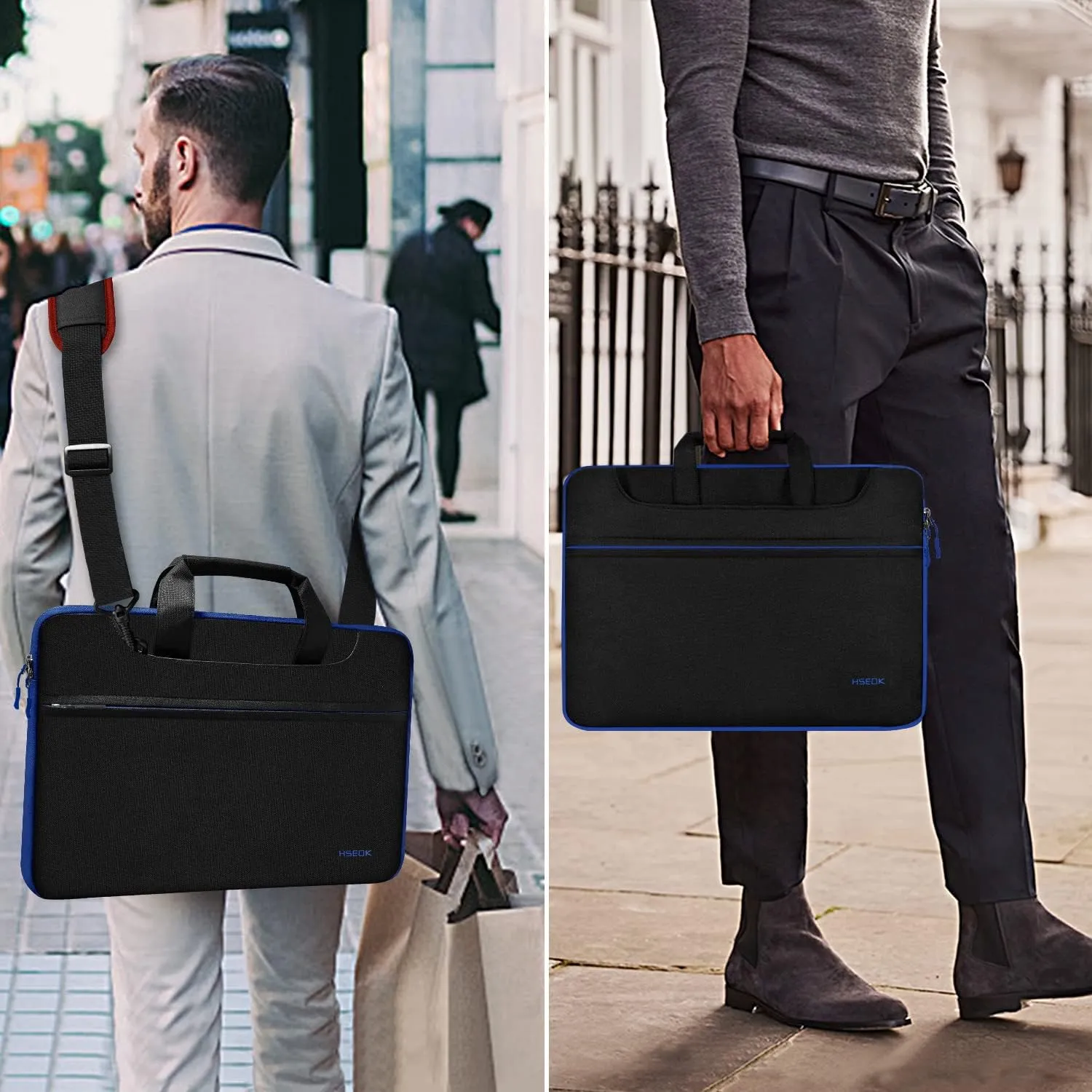 Hseok Slim Laptop Shoulder Bag 13-14 inch HandBag with Small Case Compatible with MacBook Pro 14" M4/M3/M2/M1 2025-2021, 13.3" Mac Air/Pro, XPS 13/14 and Most 13"-14" Notebooks,Black-blue