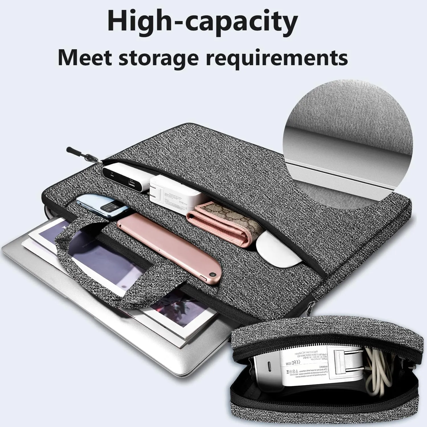 Hseok Slim Laptop Shoulder Bag 13-14 inch HandBag with Small Case Compatible with MacBook Pro 14" M4/M3/M2/M1 2025-2021, 13.3" Mac Air/Pro, XPS 13/14 and Most 13"-14" Notebooks,Gray-black