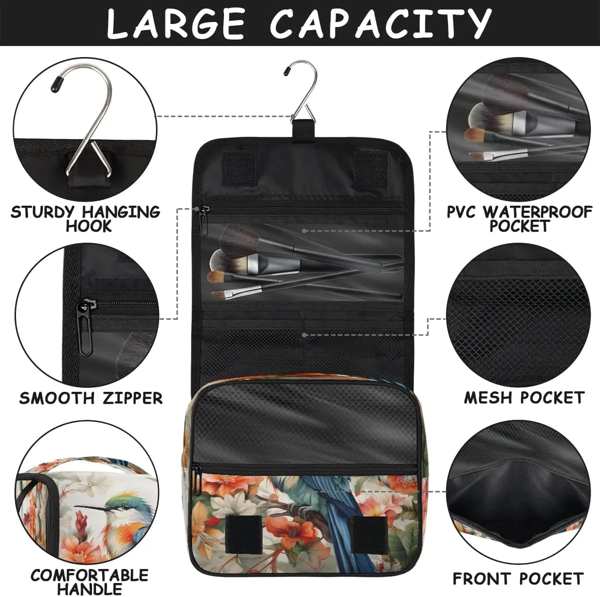 Humming Bird Tropical Flowers Travel Toiletry Bag with Hanging Hook Waterproof Cosmetic Bag Makeup Organizer Travel Containers for Toiletries