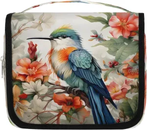 Humming Bird Tropical Flowers Travel Toiletry Bag with Hanging Hook Waterproof Cosmetic Bag Makeup Organizer Travel Containers for Toiletries