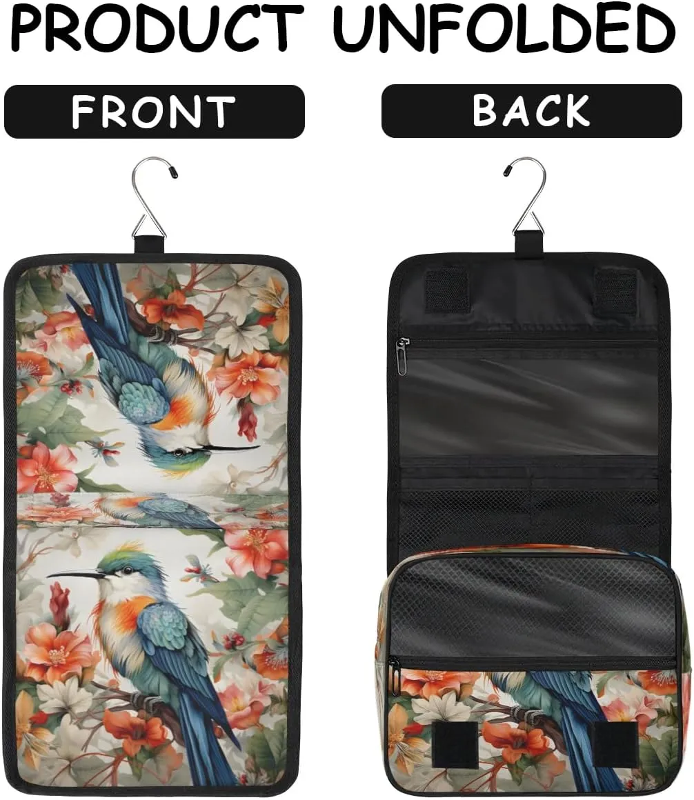Humming Bird Tropical Flowers Travel Toiletry Bag with Hanging Hook Waterproof Cosmetic Bag Makeup Organizer Travel Containers for Toiletries