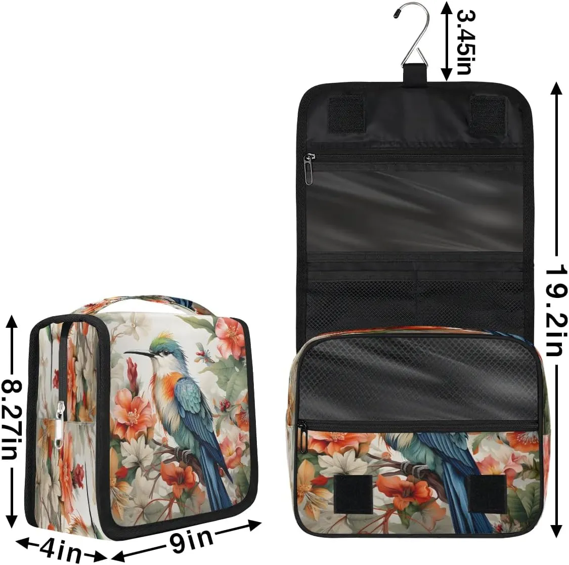 Humming Bird Tropical Flowers Travel Toiletry Bag with Hanging Hook Waterproof Cosmetic Bag Makeup Organizer Travel Containers for Toiletries