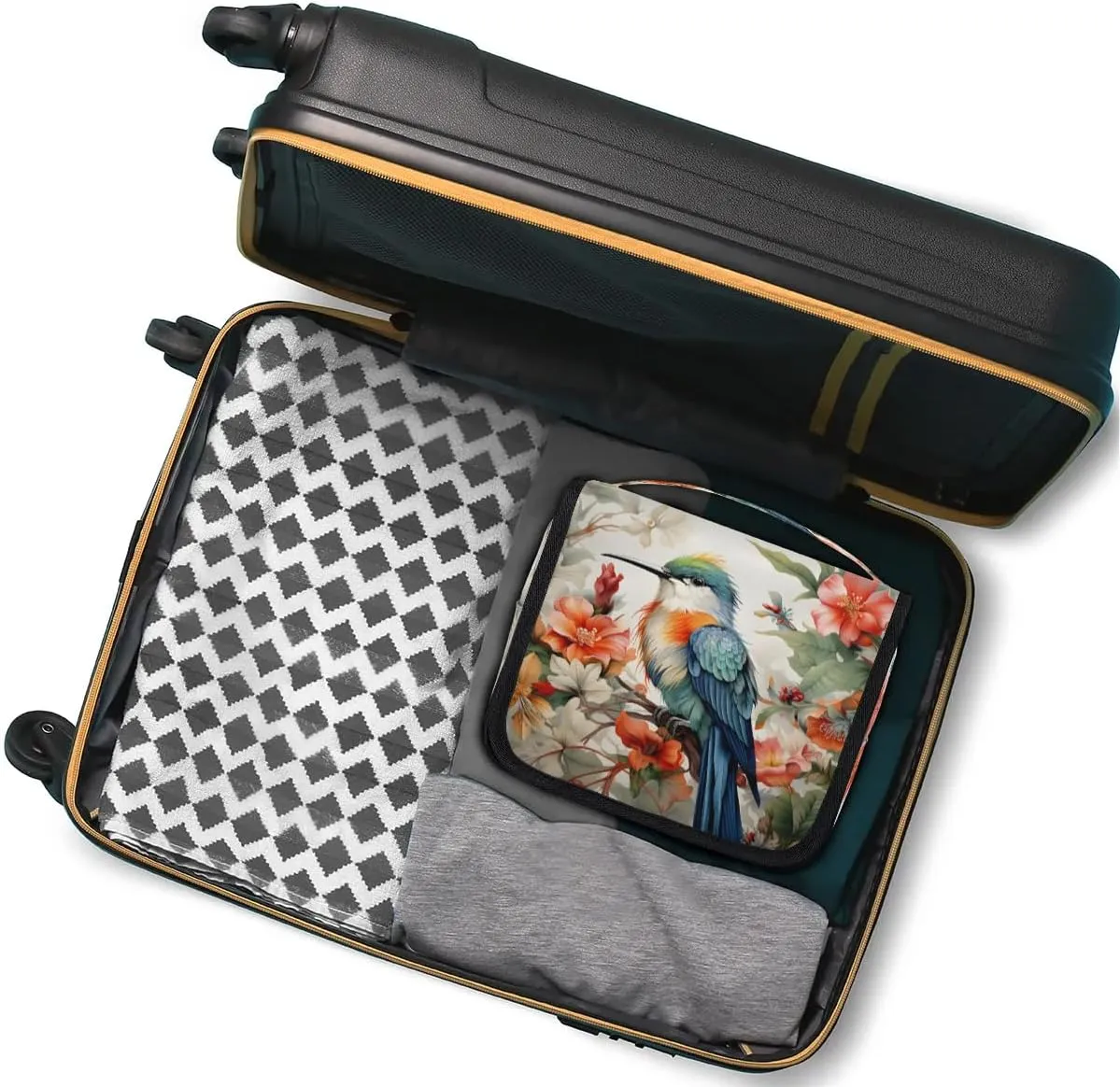 Humming Bird Tropical Flowers Travel Toiletry Bag with Hanging Hook Waterproof Cosmetic Bag Makeup Organizer Travel Containers for Toiletries