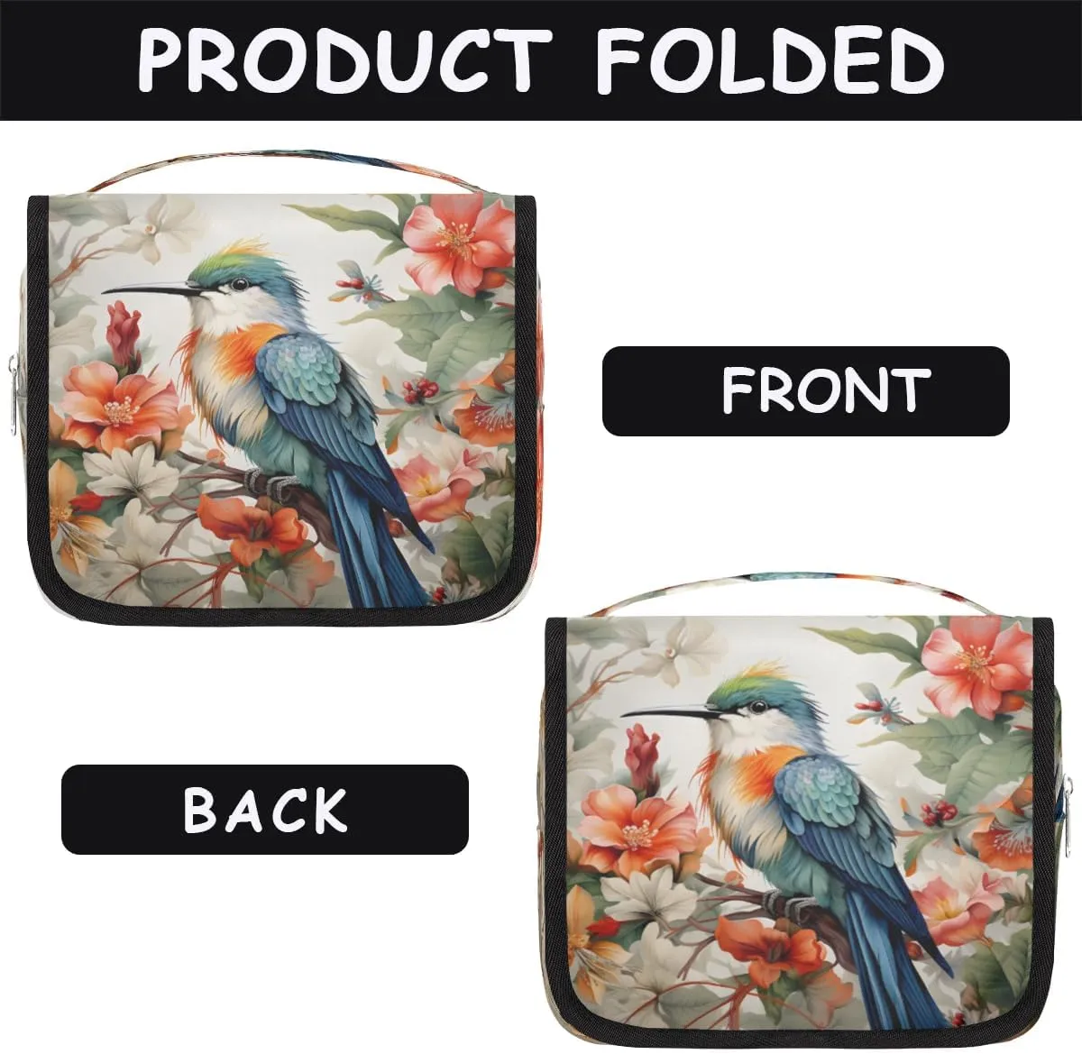 Humming Bird Tropical Flowers Travel Toiletry Bag with Hanging Hook Waterproof Cosmetic Bag Makeup Organizer Travel Containers for Toiletries