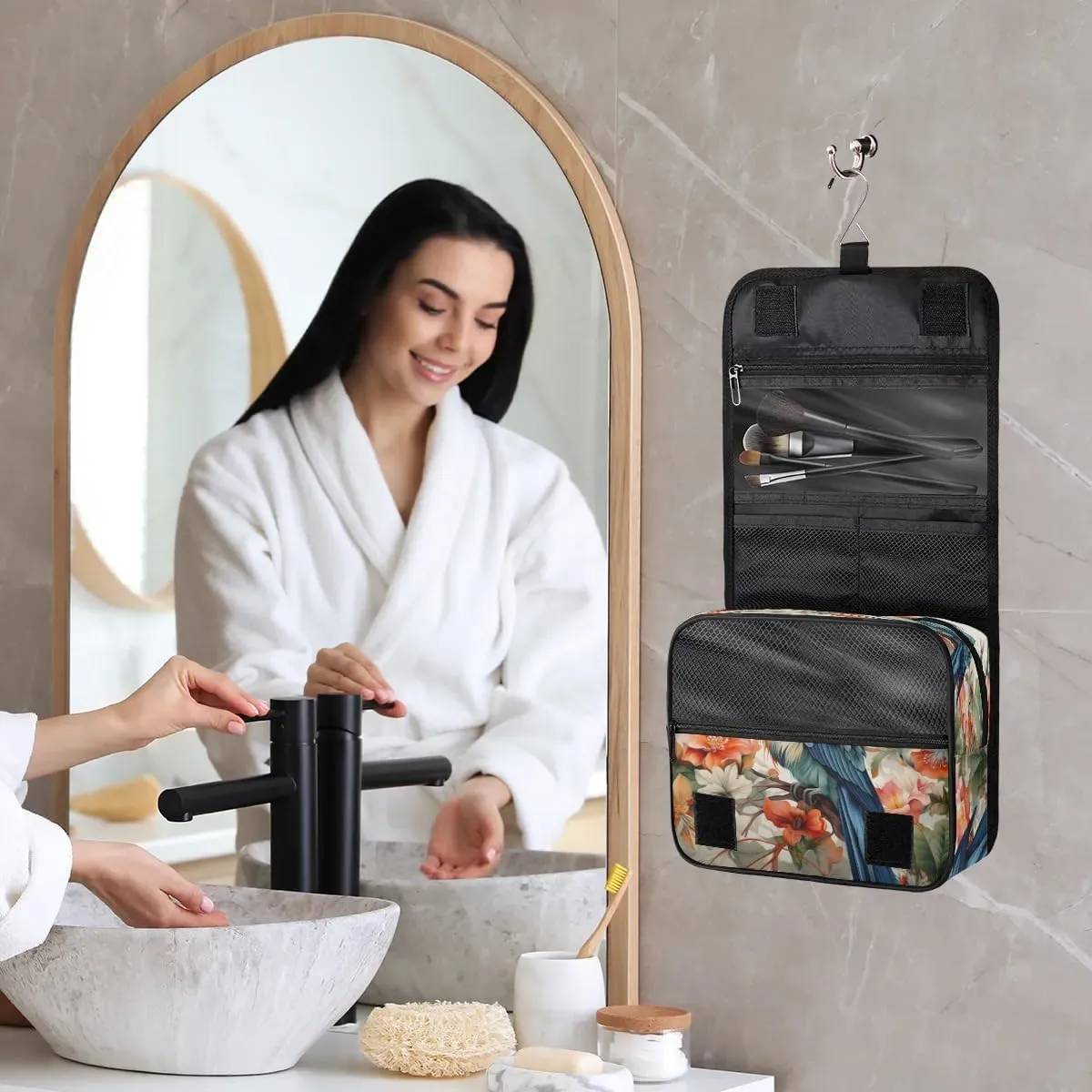 Humming Bird Tropical Flowers Travel Toiletry Bag with Hanging Hook Waterproof Cosmetic Bag Makeup Organizer Travel Containers for Toiletries