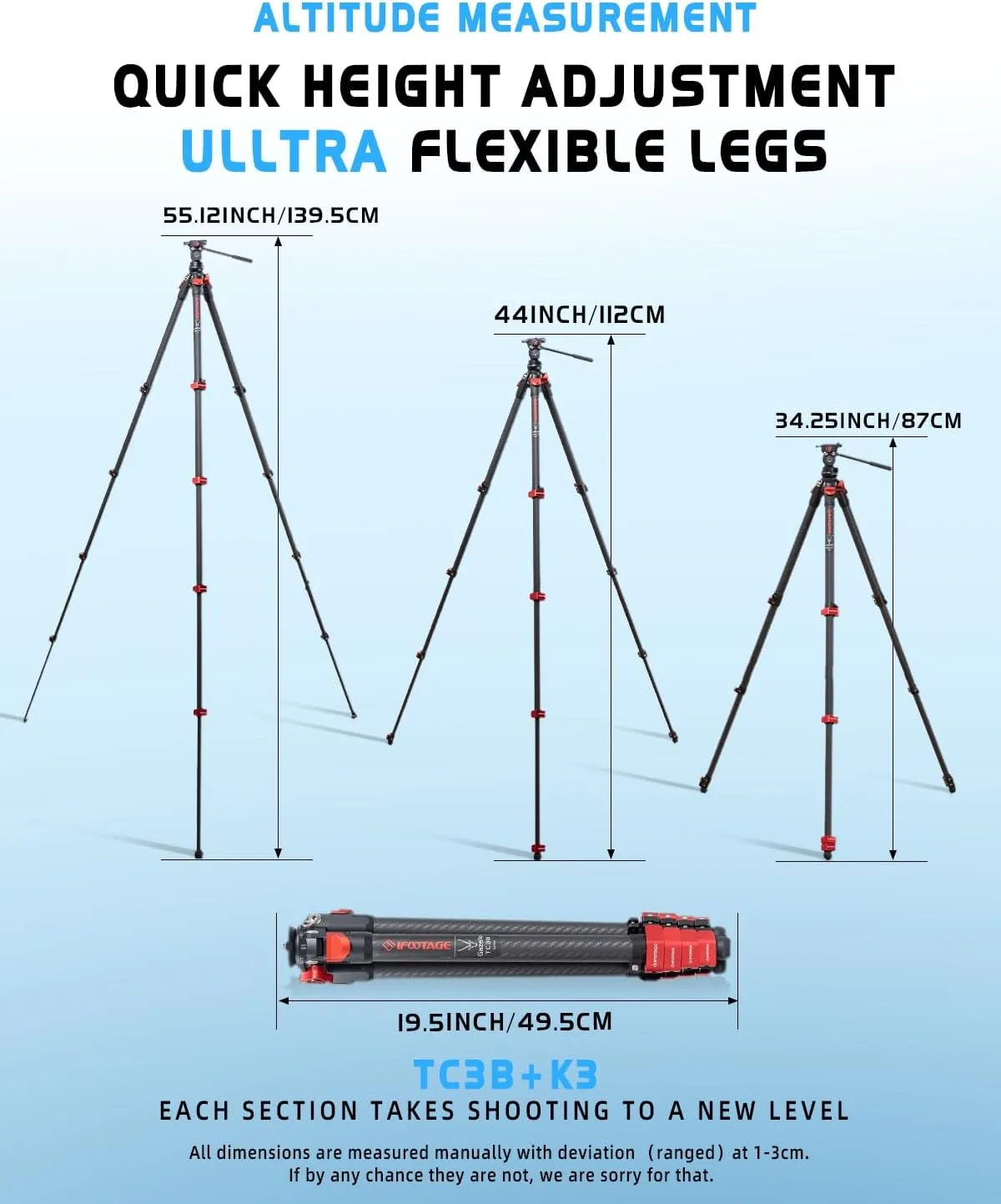 IFOOTAGE Travel Tripod Kit Gazelle TC3B with K3 Komodo Fluid Head,54,9”/139,5cm Carbon Fiber Camera Tripod Stand,for Smartphone Live Streaming Vlog Sony Nikon Canon Fuji DSLR,Load 11lbs/5KG,TC3B K3