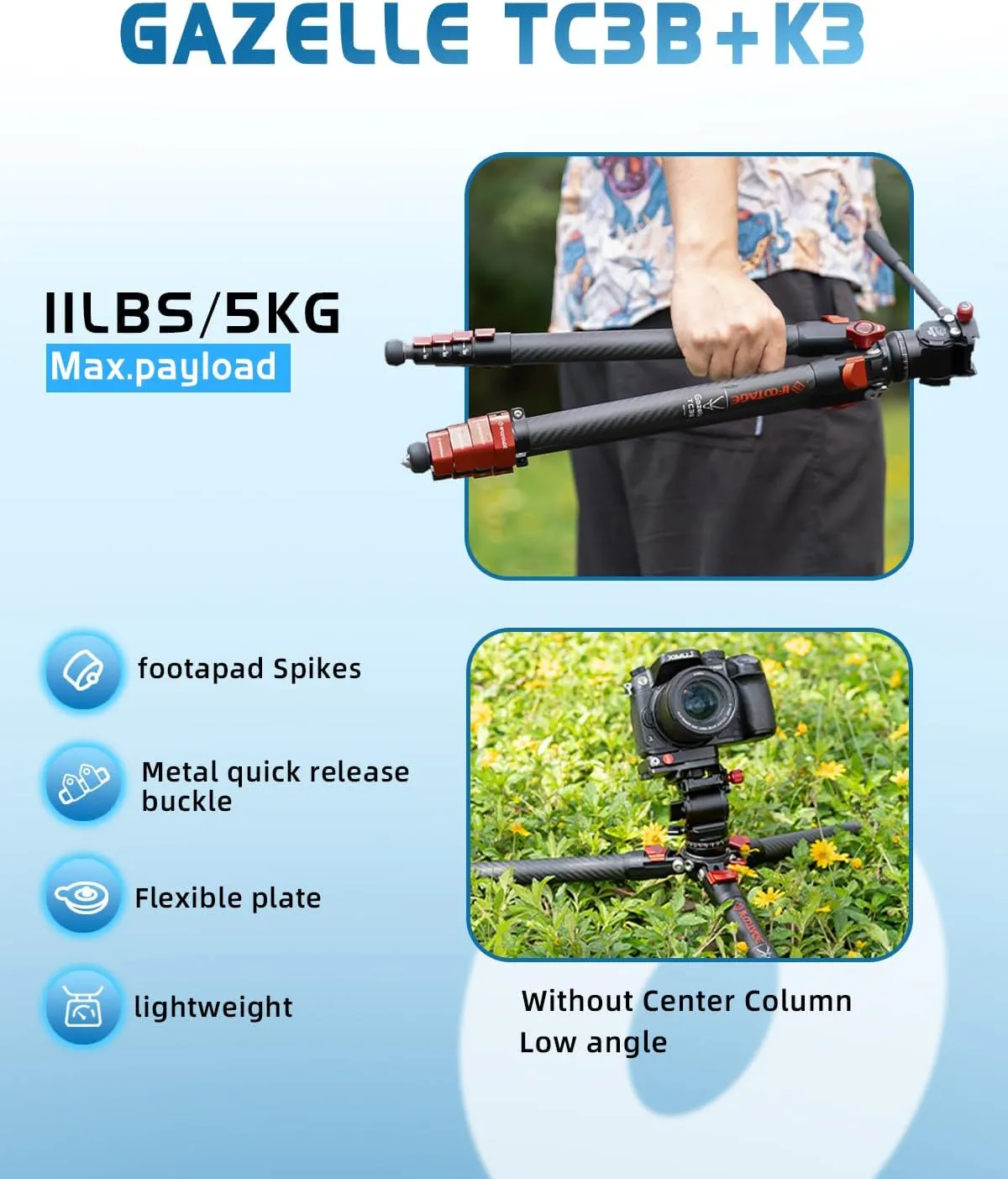 IFOOTAGE Travel Tripod Kit Gazelle TC3B with K3 Komodo Fluid Head,54,9”/139,5cm Carbon Fiber Camera Tripod Stand,for Smartphone Live Streaming Vlog Sony Nikon Canon Fuji DSLR,Load 11lbs/5KG,TC3B K3