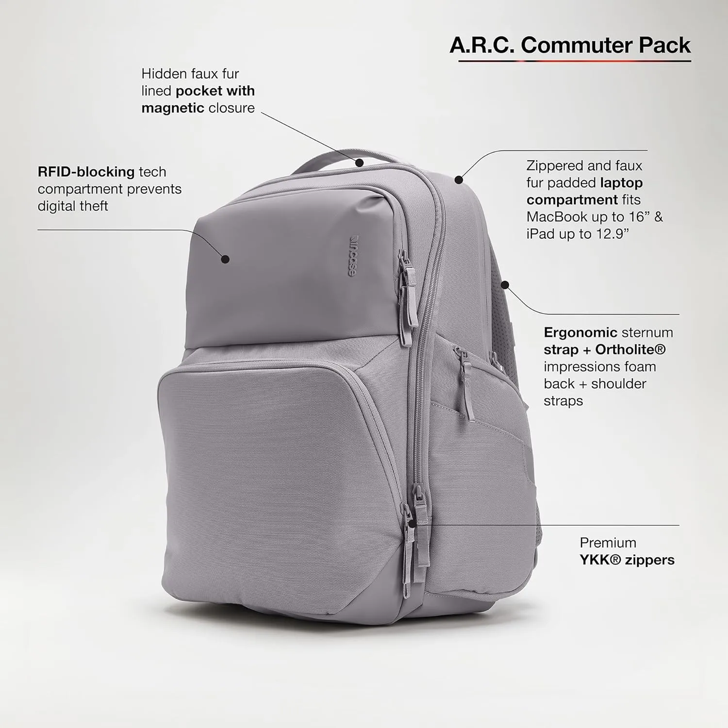 Incase A.R.C. Daypack - Everyday Backpack & Laptop Bag, 24L Main Pocket,16inch Faux Fur Laptop Compartment, Easy Access RFID Organization Pocket, Two Side Zippered Pockets - Grey
