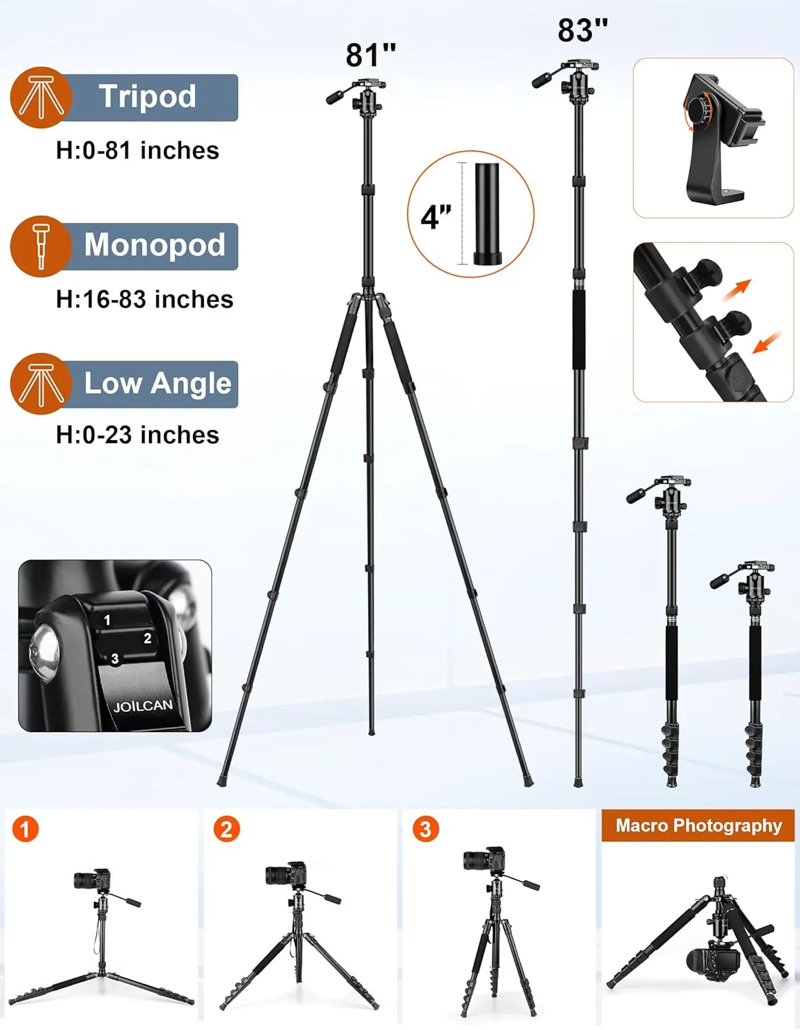 JOILCAN Camera Tripod, 83" Aluminum Tripods & Monopods with Metal Handle, Heavy Duty Tripod for DSLR Camera Lasers Binoculars Telescope Spotting Scope, Payload 35Lb
