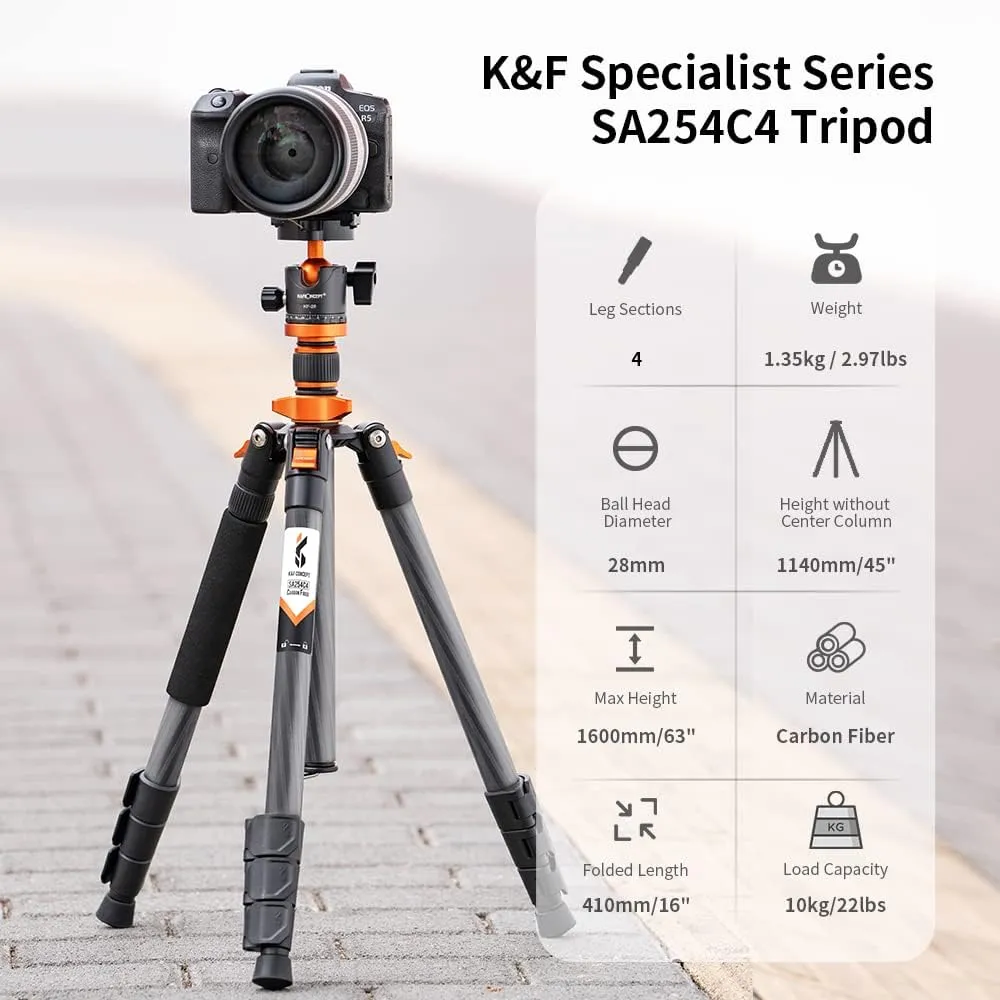 K&F Concept 63" Carbon Fiber Camera Tripods,D254C1 BH-28L Compact Tripod with Detachable Monopod, Metal Ball Head 10KG Load Capacity with Quick Release Plate for SLR DSLR Digital Camera/Camcorder