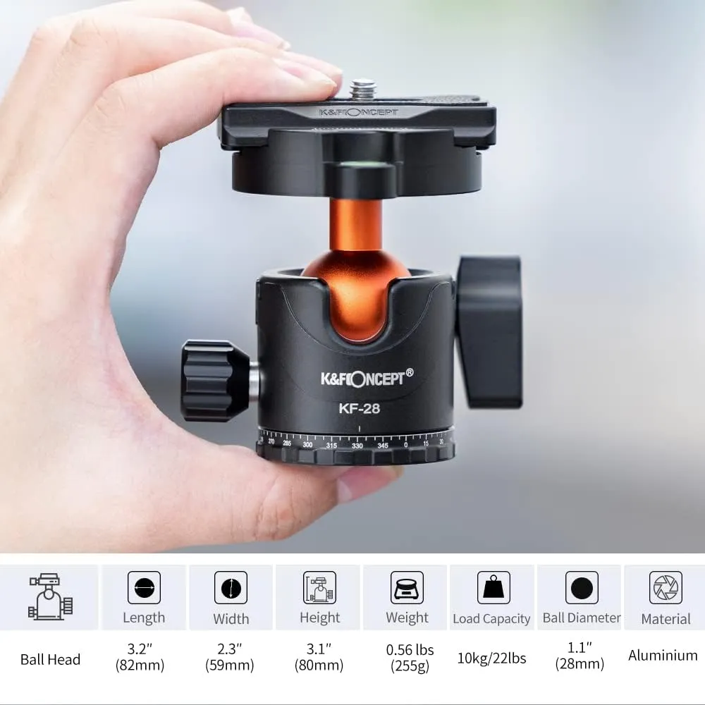 K&F Concept 63" Carbon Fiber Camera Tripods,D254C1 BH-28L Compact Tripod with Detachable Monopod, Metal Ball Head 10KG Load Capacity with Quick Release Plate for SLR DSLR Digital Camera/Camcorder