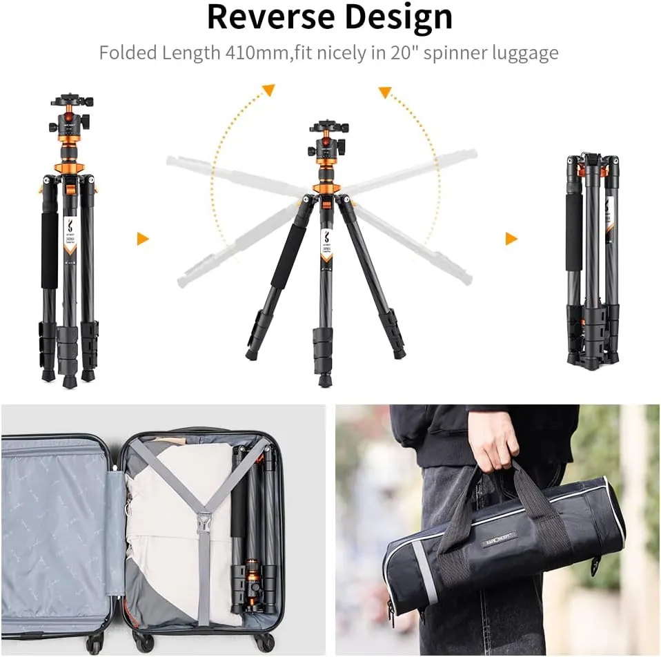 K&F Concept 63" Carbon Fiber Camera Tripods,D254C1 BH-28L Compact Tripod with Detachable Monopod, Metal Ball Head 10KG Load Capacity with Quick Release Plate for SLR DSLR Digital Camera/Camcorder
