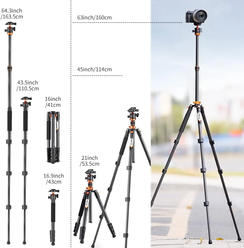 K&F Concept 63" Carbon Fiber Camera Tripods,D254C1 BH-28L Compact Tripod with Detachable Monopod, Metal Ball Head 10KG Load Capacity with Quick Release Plate for SLR DSLR Digital Camera/Camcorder