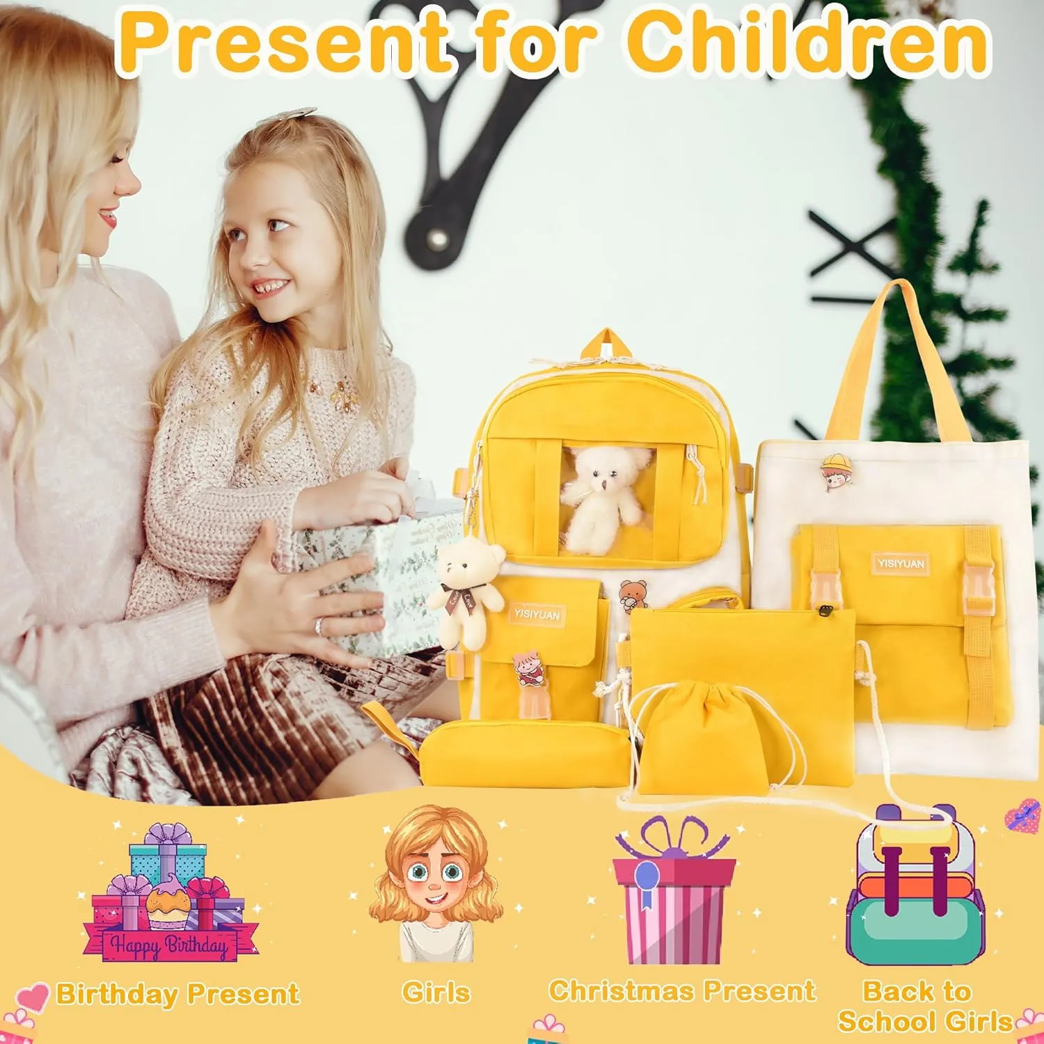 Kawaii Backpack for Girls 5 Pcs School Bookbag Cuet Kids Schoolbag with Accessories Crossbody Bags Pencil Case Handbag Coin Purse (Yellow)