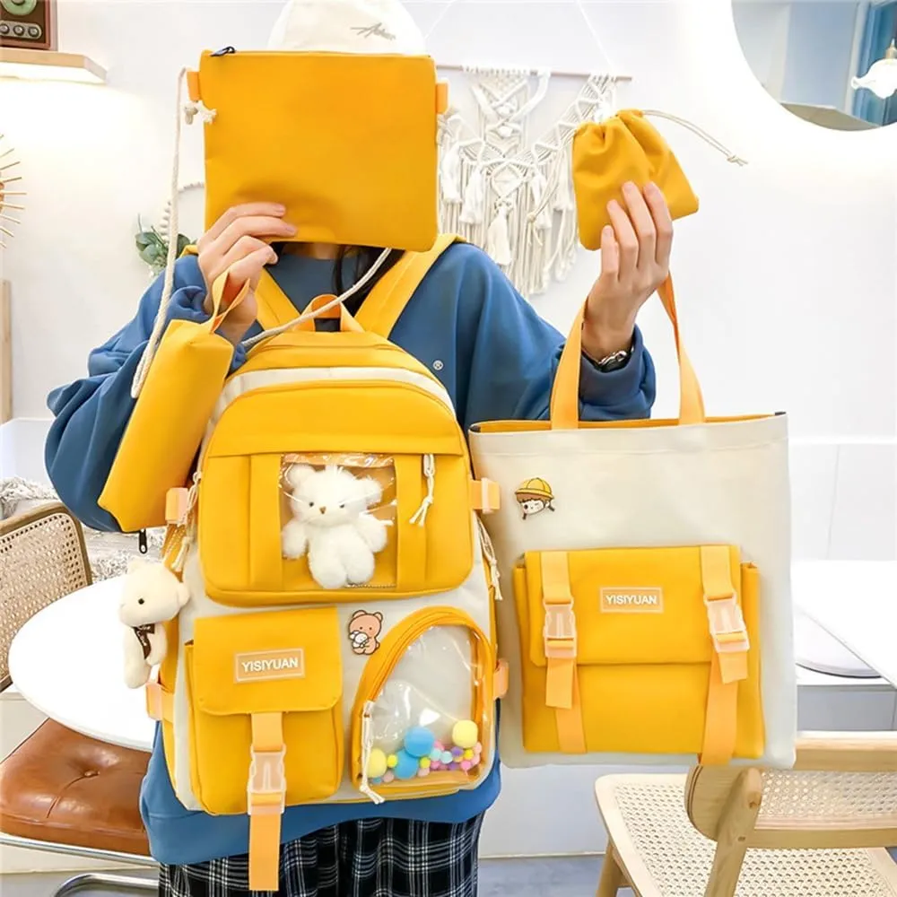 Kawaii Backpack for Girls 5 Pcs School Bookbag Cuet Kids Schoolbag with Accessories Crossbody Bags Pencil Case Handbag Coin Purse (Yellow)