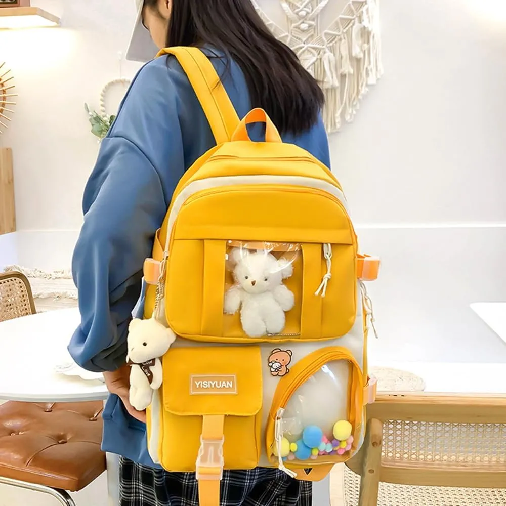 Kawaii Backpack for Girls 5 Pcs School Bookbag Cuet Kids Schoolbag with Accessories Crossbody Bags Pencil Case Handbag Coin Purse (Yellow)