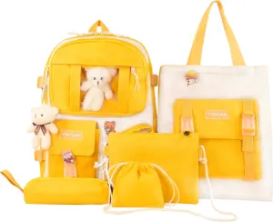 Kawaii Backpack for Girls 5 Pcs School Bookbag Cuet Kids Schoolbag with Accessories Crossbody Bags Pencil Case Handbag Coin Purse (Yellow)